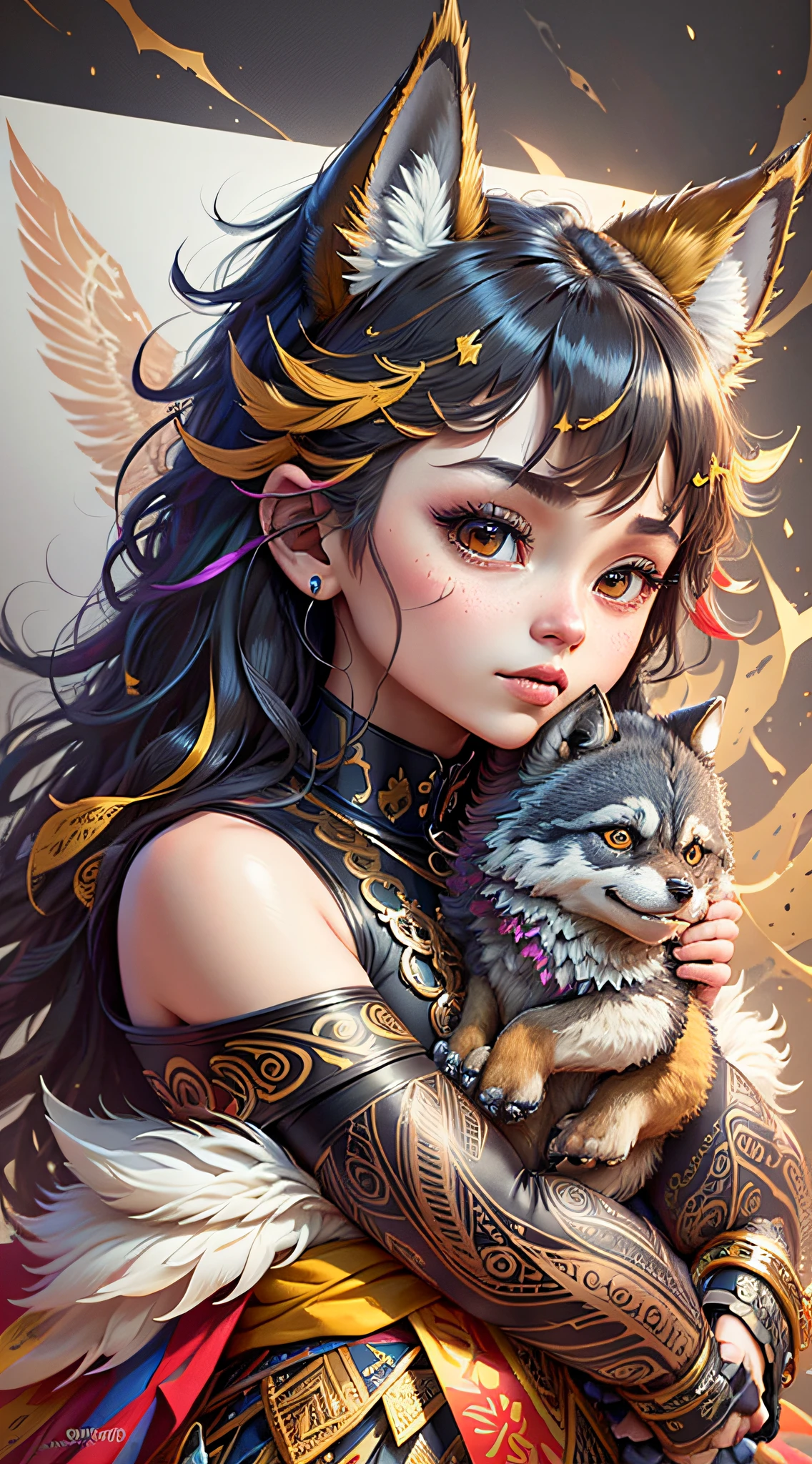 "Create a stunning masterpiece of wolf-themed chibi multi-dimensional paper quilling art, imbued with the beautiful and colorful style of yang08k. Be sure to include all the official art elements you can, in top and best quality, to make it both beautiful and aesthetic." --auto --s2