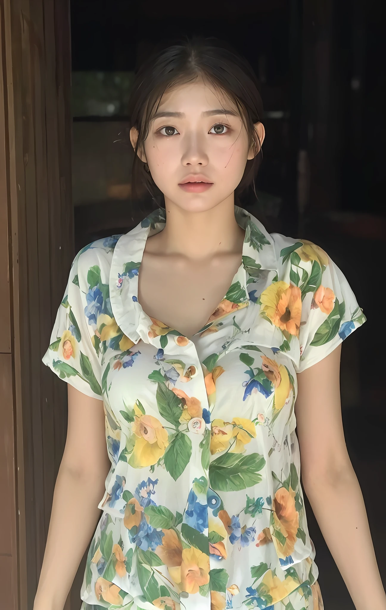 ((Best quality, 8k, Masterpiece: 1.3)), Sharp focus: 1.2, A beautiful woman with perfect body: 1.4, Slim abdomen: 1.2, ((Layered haircut, Large breasts: 1.2)), (no bra) (Small and beautiful hard nipple) (Thin and damp button up to shirt length: 1.1), (White shirt wet by rain), (Rain, Street: 1.2), Wet body: 1.1, Highly detailed face and skin texture, Detailed eyes, Double eyelid, tanned skin, sexy, tan