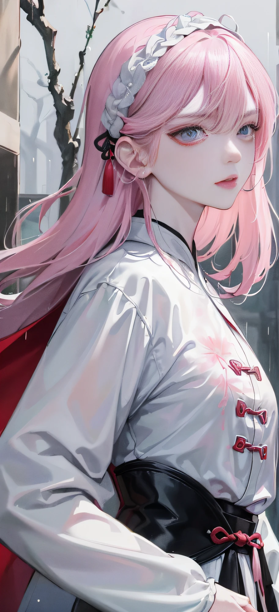 Masterpiece, Excellent, Night, Outdoor, Rainy Day, Branches, Chinese Style, Ancient China, 1 Woman, Mature Woman, Pale Pink Hair Color, Gray-Blue Eyes, Pale Pink Lips, Indifference, Serious, Bangs, Assassin, Sword, White Clothes, Blood, Blood, Violence, Death, Injury, Blood, Facial Bloodstain, Facial Details, Facial Details
