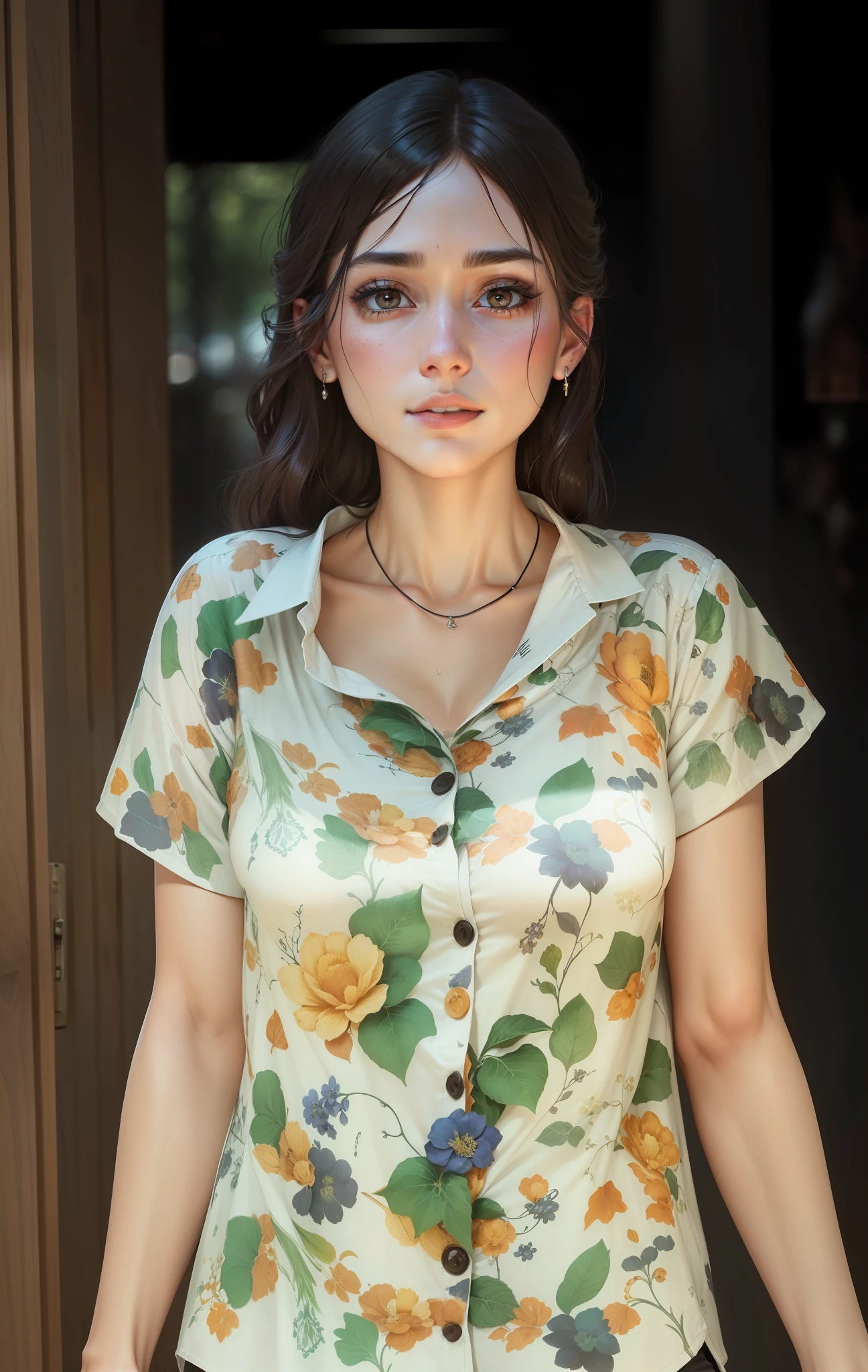(button up to shirt length: 1.2), (White shirt wet by rain), (unbuttoned shirt: 1.1), big breasts, deep cleavage, best quality, masterpiece, illustration, very delicate and beautiful, very detailed, CG, Unity, 8K wallpapers, amazing, fine detail, highly detailed CG Unity 8K wallpapers, huge file size, very detailed, high resolution, handsome detailed woman, very detailed eyes and face, Stunning detailed eyes, light on the face, (Best illustration: 1.1) , (best shadow: 1.1), ultra high resolution, (photorealistic: 1.1), (photorealistic 1.2:1.1), realistic face proportions, slim, smile, (makeup: 0.4), (fluffy black eyes: 1.21), black eyes, looking at the viewer, dark brown hair, earrings, necklaces, hairpins, cowboy shots, (irregular irregular skin imperfections, veins, skin wrinkles pores: 1.2), (dark night background: 1.2), (bokeh: 1.4),