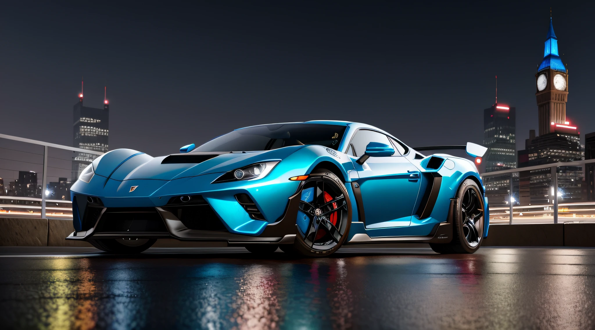 Lamburguini sports car of blue poison, running on a stone road, with futuristic style cityscape, with reflection on the car glass, night landscape background and lights shining on the car, ultra realistic image, detailed image, 12k image, ultra resolution, vivid colors, real image, 3d rendering, ray tracing, cinematic lighting, Realism, Expressionism, UHD,  8k, 16k, super detail, high detail, high quality