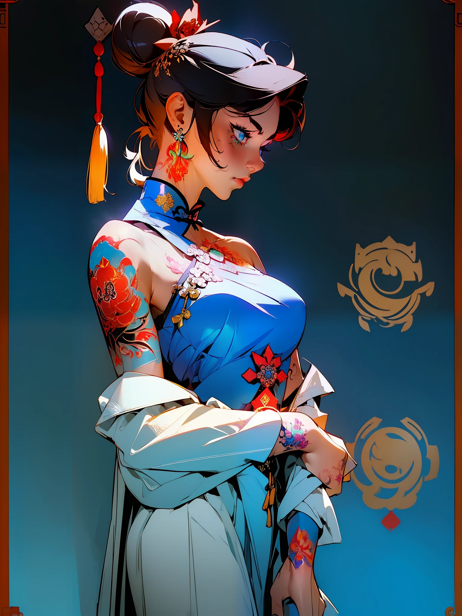 (masterpiece best quality:1.4),1girl, (tattoo of chinese text:1.5), solo, hair flowers, long hair, blue eyes, looking at viewer, medium breast, tattoo, black hair, tassel, bare shoulders, mecha, bangs, upper body, earrings, indoors, nape, off shoulder, jewelry, eyelashes, lips, profile, hair bun, piercing, single hair bun,