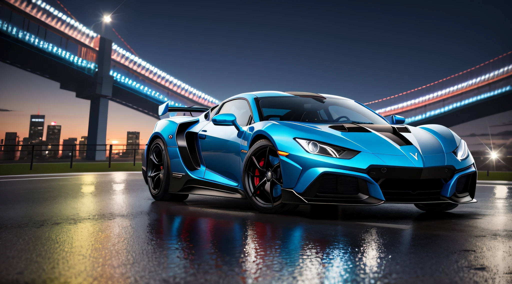 Lamburguini sports car of blue poison, running on a stone road, with futuristic style cityscape, with reflection on the car glass, night landscape background and lights shining on the car, ultra realistic image, detailed image, 12k image, ultra resolution, vivid colors, real image, 3d rendering, ray tracing, cinematic lighting, Realism, Expressionism, UHD, 8k, 16k, super detail, high detail, high quality
