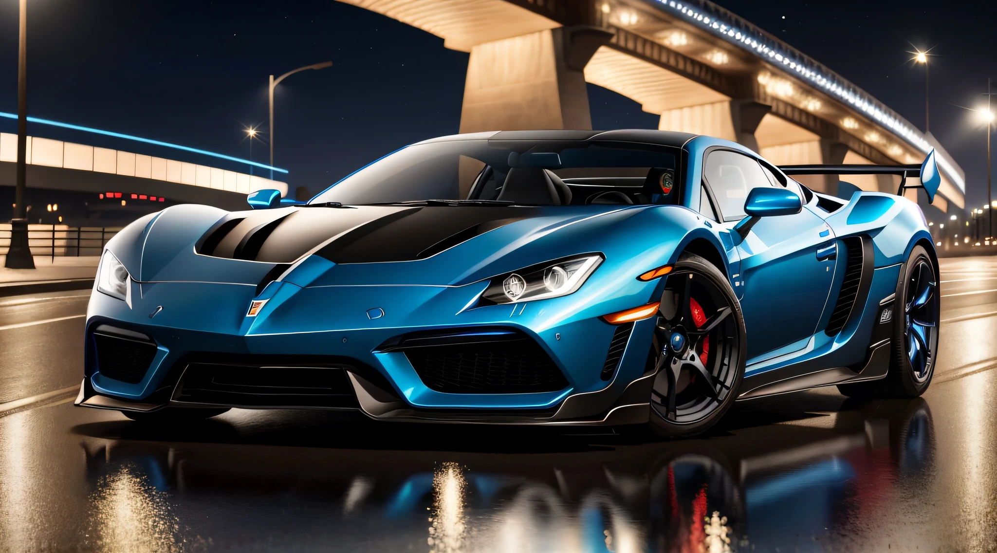 Lamburguini sports car of blue poison, running on a stone road, with futuristic style cityscape, with reflection on the car glass, night landscape background and lights shining on the car, ultra realistic image, detailed image, 12k image, ultra resolution, vivid colors, real image, 3d rendering, ray tracing, cinematic lighting, Realism, Expressionism, UHD, 8k, 16k, super detail, high detail, high quality