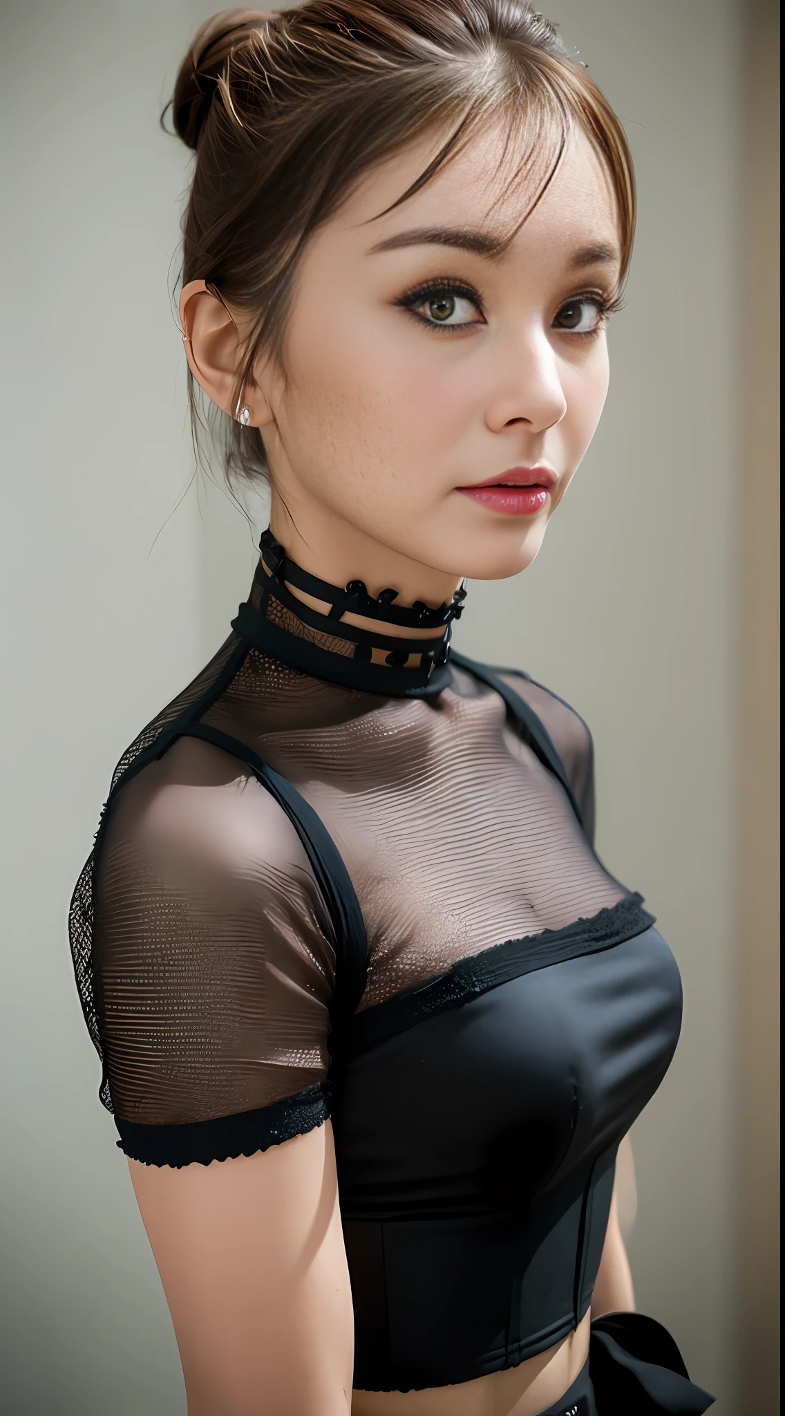 Foto de (Audrey Hepburn:1.1) ((Top Quality, 8k, Masterpiece: 1.3)), Nítido Foco: 1.2, Mulheres Bonitas com Figura Perfeita: 1.4, Slender Abs: 1.2, ((Layer-cut, Big: 1.2)), (Rain, Street: 1.2), Wet Body: 1.5, Highly Detailed Face and Skin Texture, Detailed Eyes, Double Eyelids, Very Short Hair, Studio, BDSM, slave, Black Corset, Bondage, Collar, saia justa, contido, calcinha à parte, de baixo