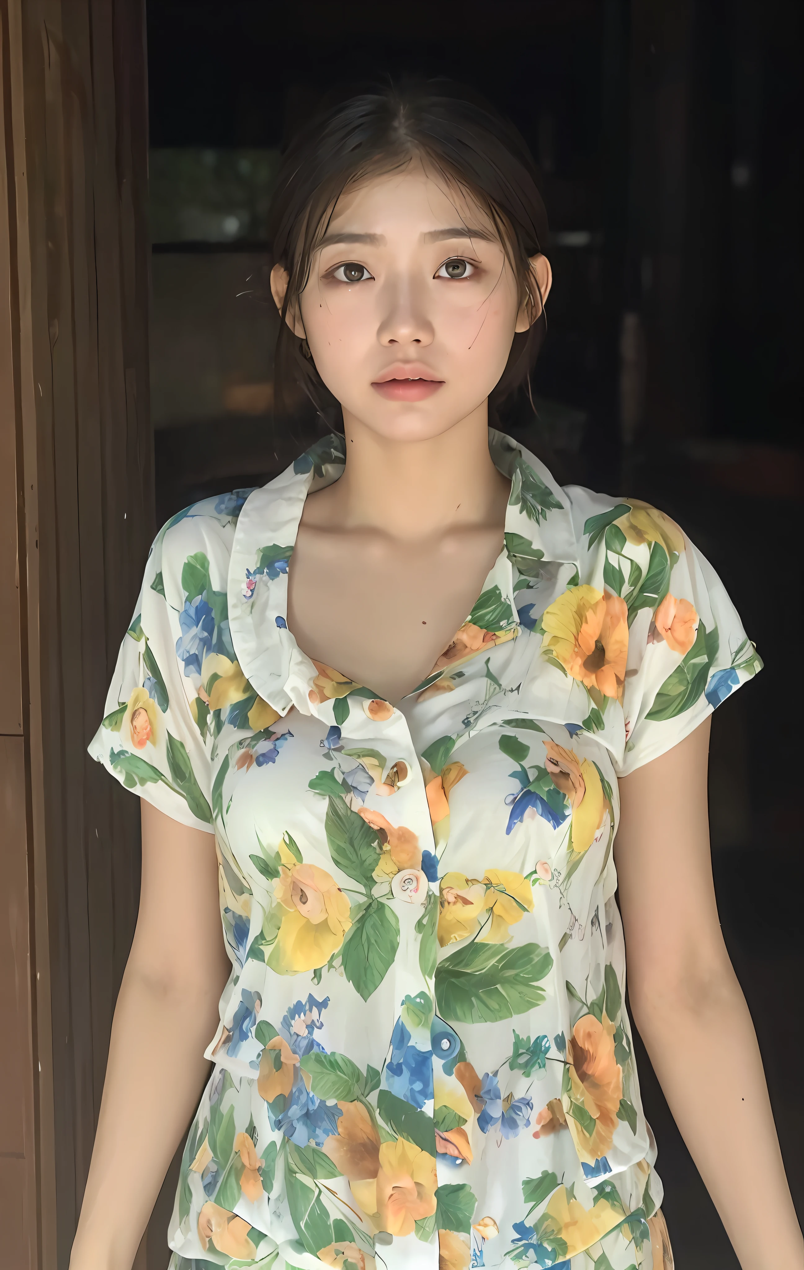 ((Best quality, 8k, Masterpiece: 1.3)), Sharp focus: 1.2, A beautiful woman with perfect body: 1.4, Slim abdomen: 1.2, ((Layered haircut, Large breasts: 1.2)), (no bra) (Small and beautiful hard nipple) (Thin and damp button up to shirt length: 1.1), (White shirt wet by rain), (Rain, Street: 1.2), Wet body: 1.1, Highly detailed face and skin texture,  Detailed eyes, Double eyelid, tanned skin, sexy, tan