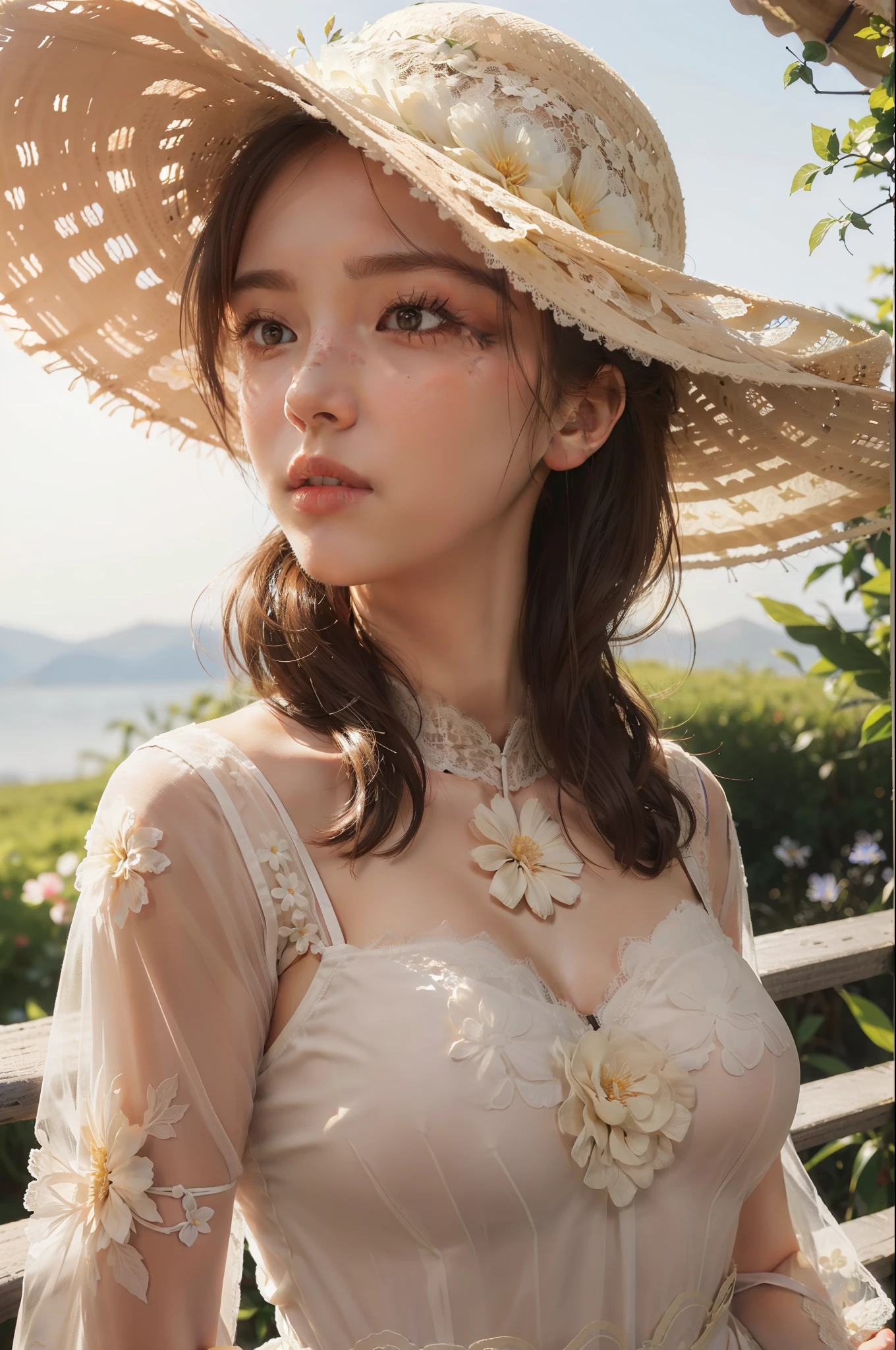 (extreme close up:1.49), (face focus:1.49), ((side face:1.47)),(1girl surrounded by soft_light:1.49), (big boobs),(backlighting:1.4), (lighting),(flowing fabric:1.3), (sheer_fabric)((Lace_Floral_summer_dress:1.5),(Straw_hat:1.3)), (masterpiece), realistic, HDR, highly detailed, 8k, raw photo, ambient occlusion, natural, harmonious composition, warm tones, fine art photography,