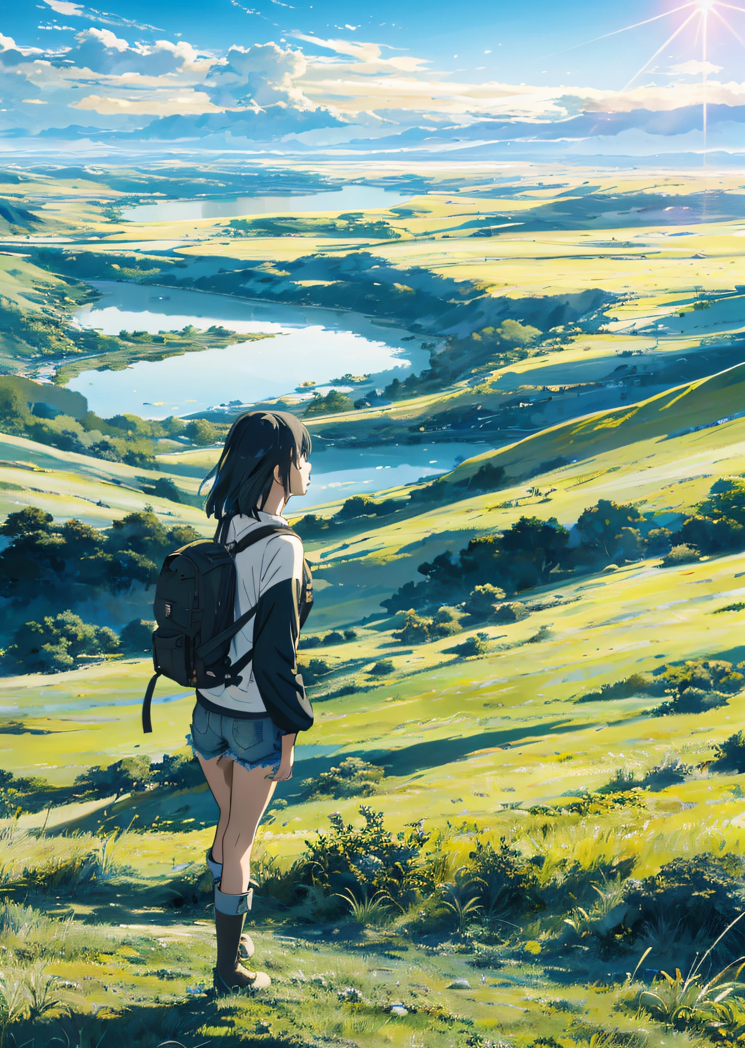 The vast sky, beautiful skyline, large grasslands, extremely tense and dramatic pictures, moving visual effects, the high-hanging Polaris, and colorful natural light. Long-sleeved top, denim shorts, and a girl with a backpack.