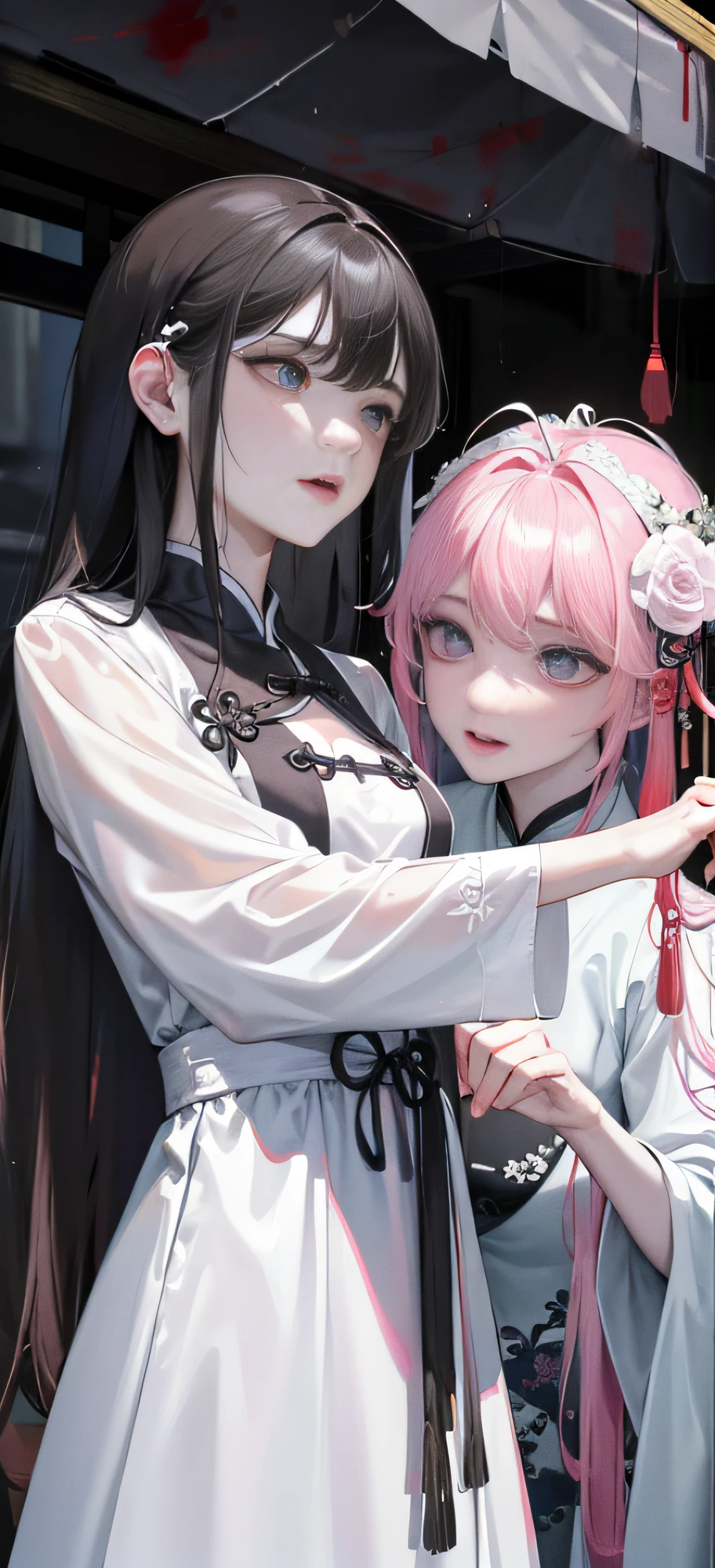 Masterpiece, Superb Class, Night, Outdoor, Rainy Day, Branches, Chinese Style, Ancient China, 1 Woman, Mature Woman, Pale Pink Gradient Black Hair Color, Gray-blue Eyes, Pale Pink Lips, Indifference, Serious, Bangs, Flower, Water, Assassin, Sword, White Clothes, Blood, Blood, Violence, Death, Injury, Blood, Facial Blood, Facial Details, Facial Details