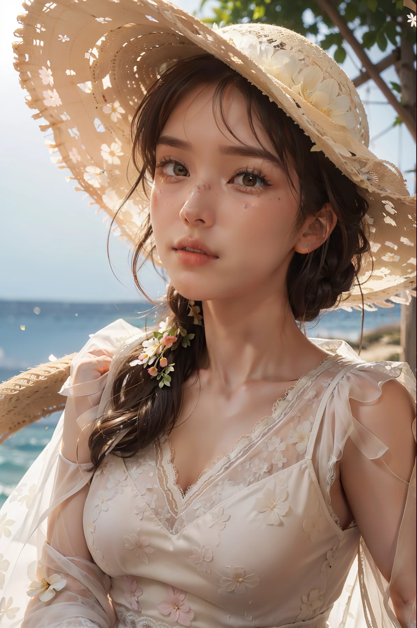 (extreme close up:1.49), (face focus:1.49), ((side face:1.47)),(1girl surrounded by soft_light:1.49), (big boobs),(backlighting:1.4), (lighting),(flowing fabric:1.3), (sheer_fabric)((Lace_Floral_summer_dress:1.5),(Straw_hat:1.3)), (masterpiece), realistic, HDR, highly detailed, 8k, raw photo, ambient occlusion, natural, harmonious composition, warm tones, fine art photography,