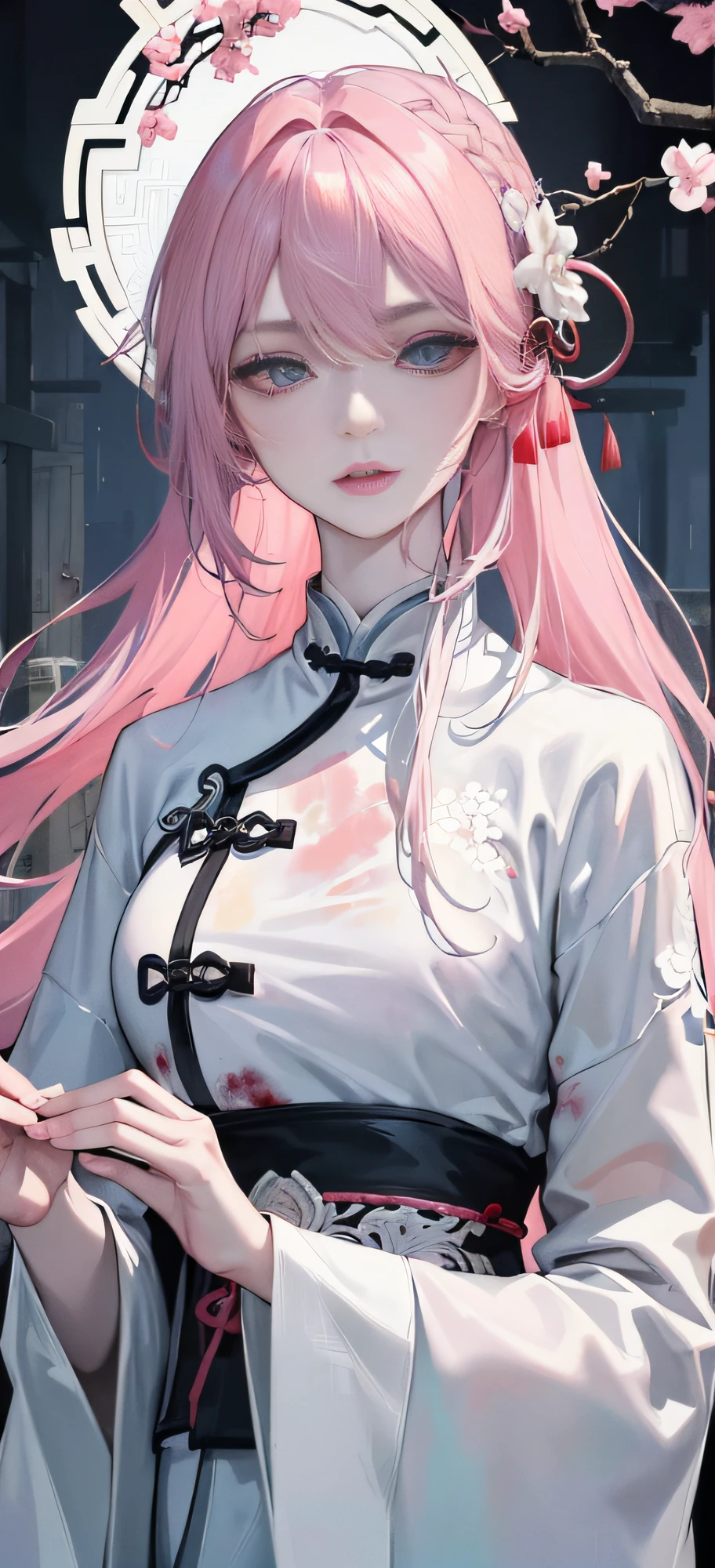 Masterpiece, Excellent, Night, Outdoor, Rainy Day, Branches, Chinese Style, Ancient China, 1 Woman, Mature Woman, Pale Pink Hair Color, Gray-Blue Eyes, Pale Pink Lips, Indifference, Serious, Bangs, Assassin, Sword, White Clothes, Blood, Blood, Violence, Death, Injury, Blood, Facial Bloodstain, Facial Details, Facial Details