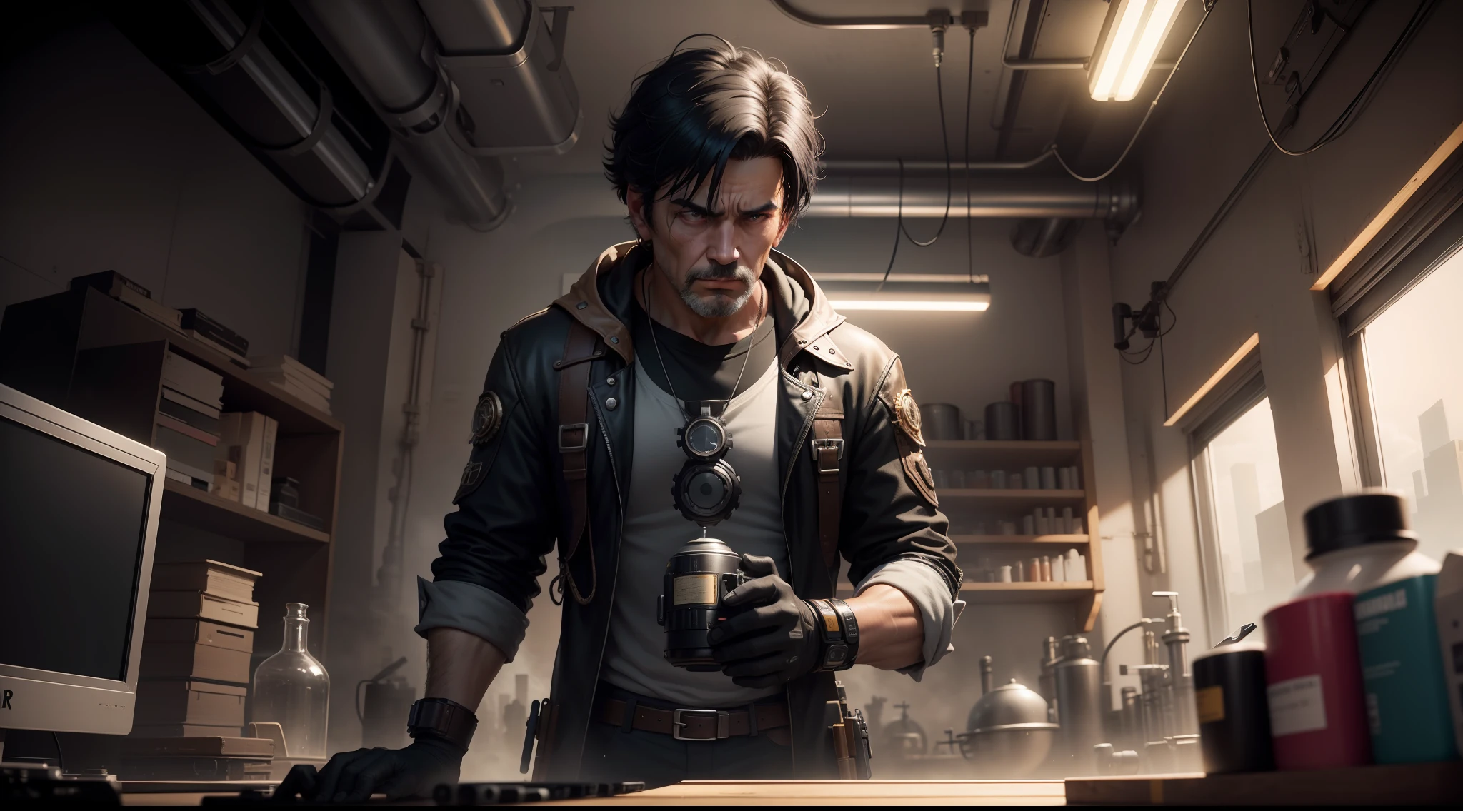 /imagine prompt: illustration of A middle-aged man with black hair is disheartened next to a machine in the laboratory ,Black haired middle-aged man::10, Cover your head::12, Down in the dumps::13, A machine::15, rule of thirds composition::8, tilt-shift::13, ultrawide shot::3, Unreal Engine::15, Studio light::8, beautiful lighting::13, Cinematic light::12, Bold and bright::10, Dramatic::13, hyper quality::12, Steampunk cityscape::14 --seed 32455 --s 400 --q 2 --c 40