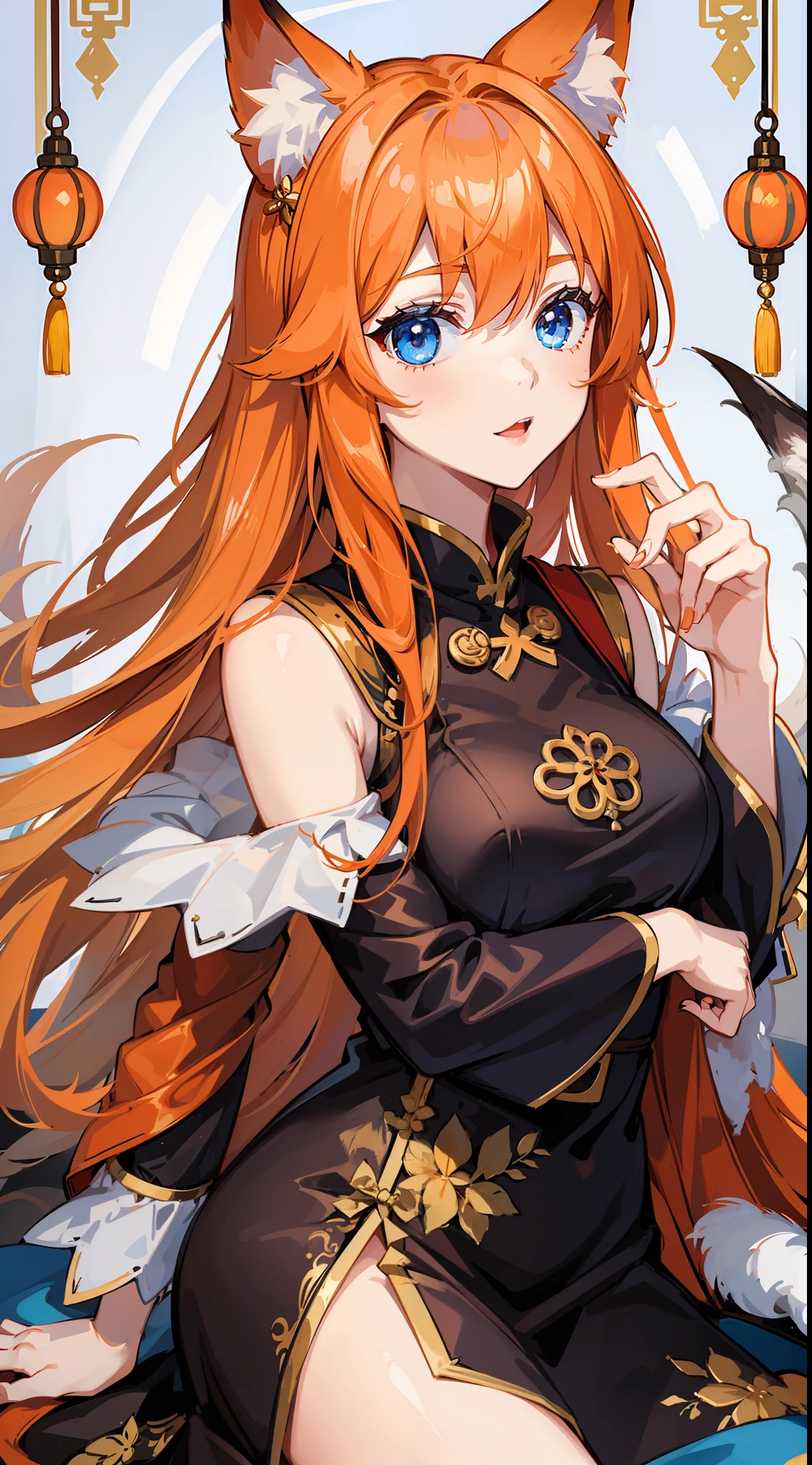 young girl, long orange hair, blue eyes, fox ears, Chinese dress, happy, masterpiece, high quality