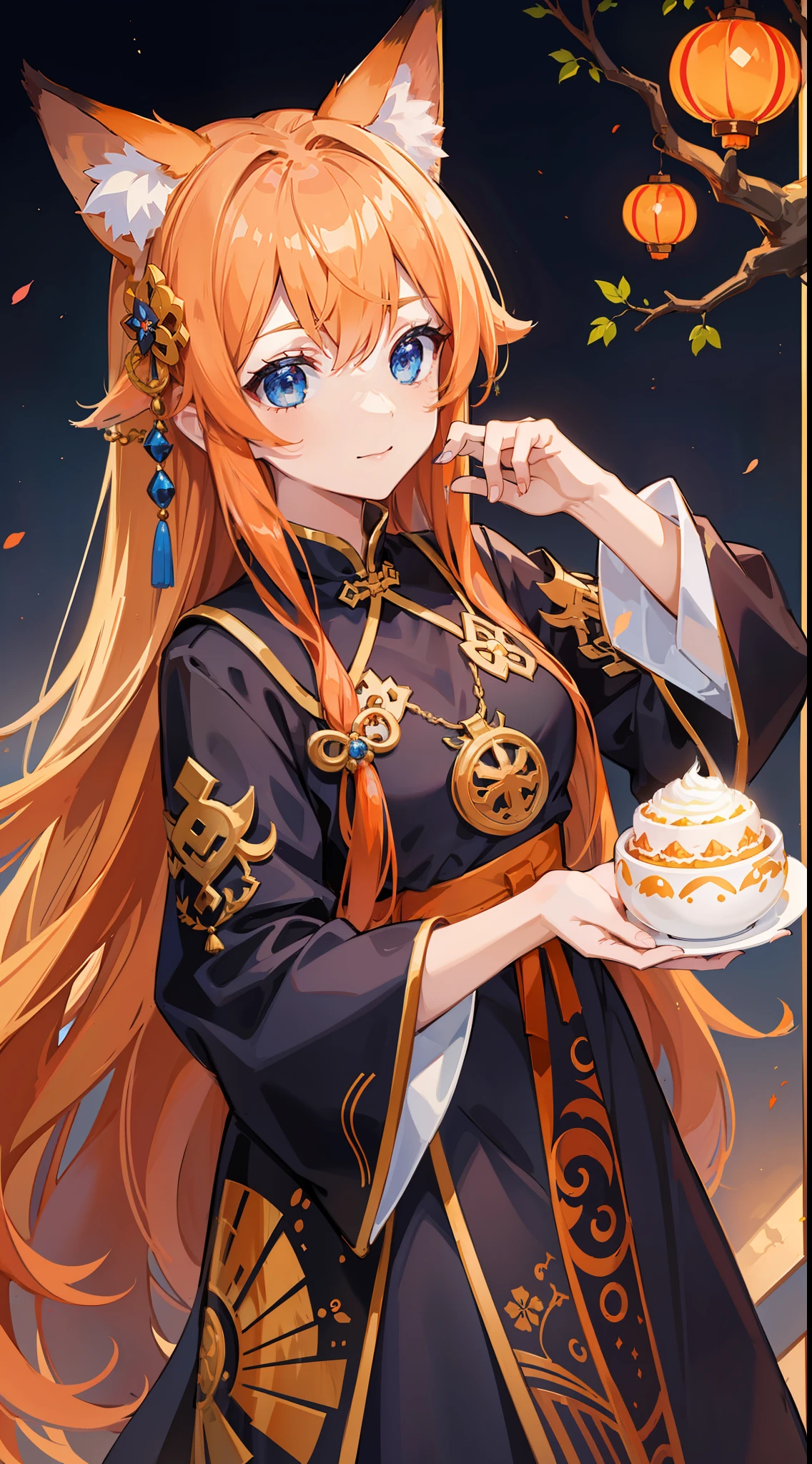 young girl, long orange hair, blue eyes, fox ears, Chinese dress, happy, masterpiece, high quality