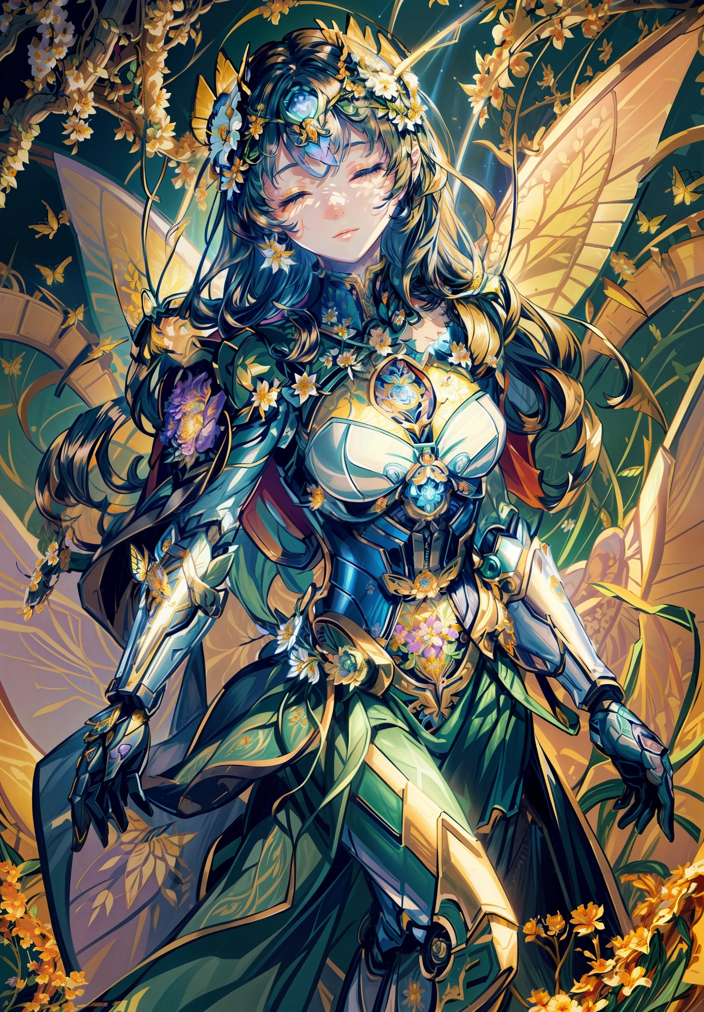 masterpiece, best quality), (1mechanical girl), (closing eyes), mechanical arms, upper body, ultra detailed, highly detailed, cinematic lighting, intricate details, colorful butterflies, (flowers growing on the mechanical body), (vines connecting to body), (detailed damaged cape), mecha, robot, detailed shiny armor, (warm light), (specular light:1.2), (flower field background:1.4), (glowing runes),   .