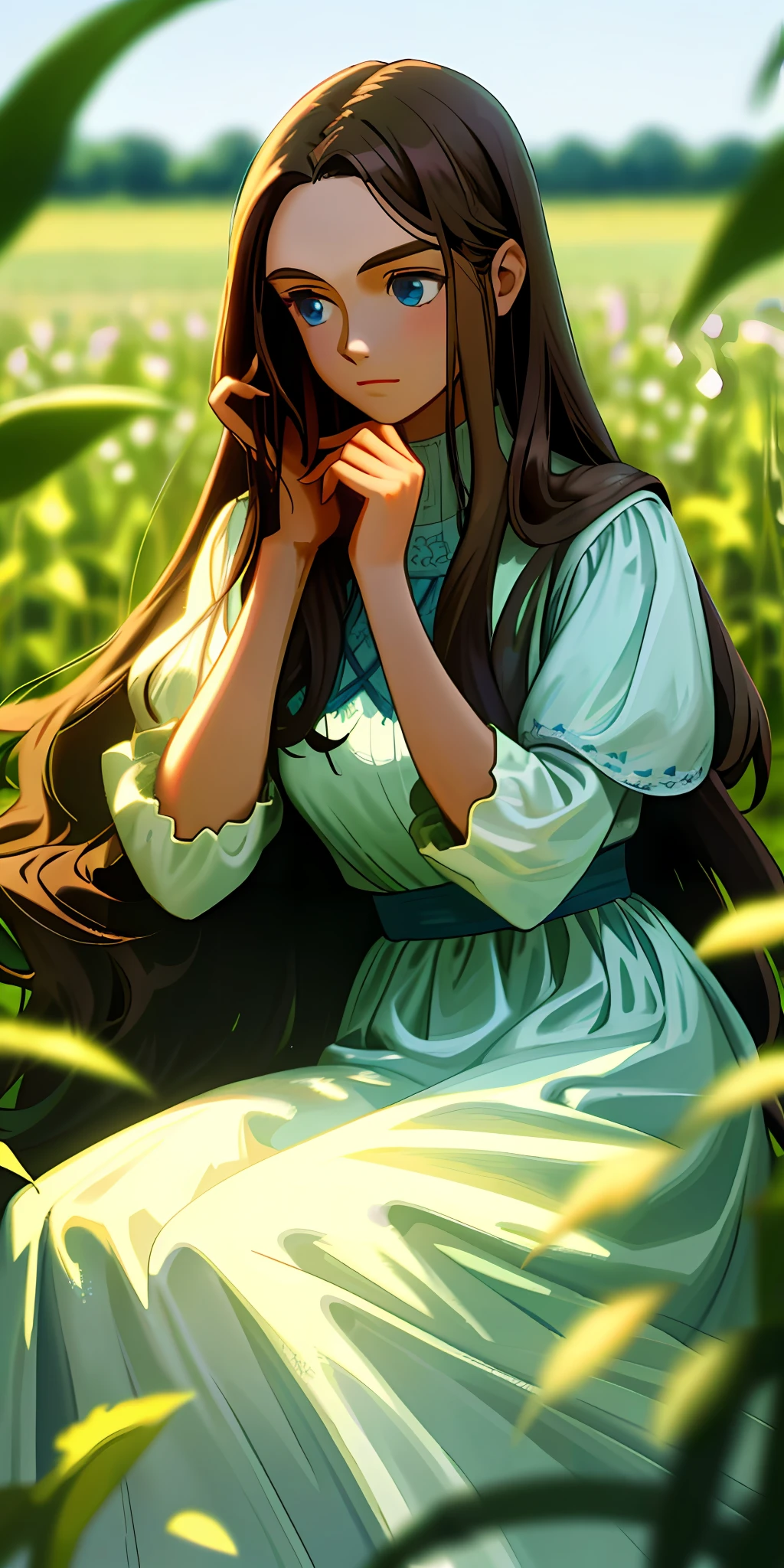 (masterpiece, best quality),1girl with long brunette hair sitting in a field of green plants and flowers, her hand under her chin, blue eyes, warm lighting, white dress, blurry foreground