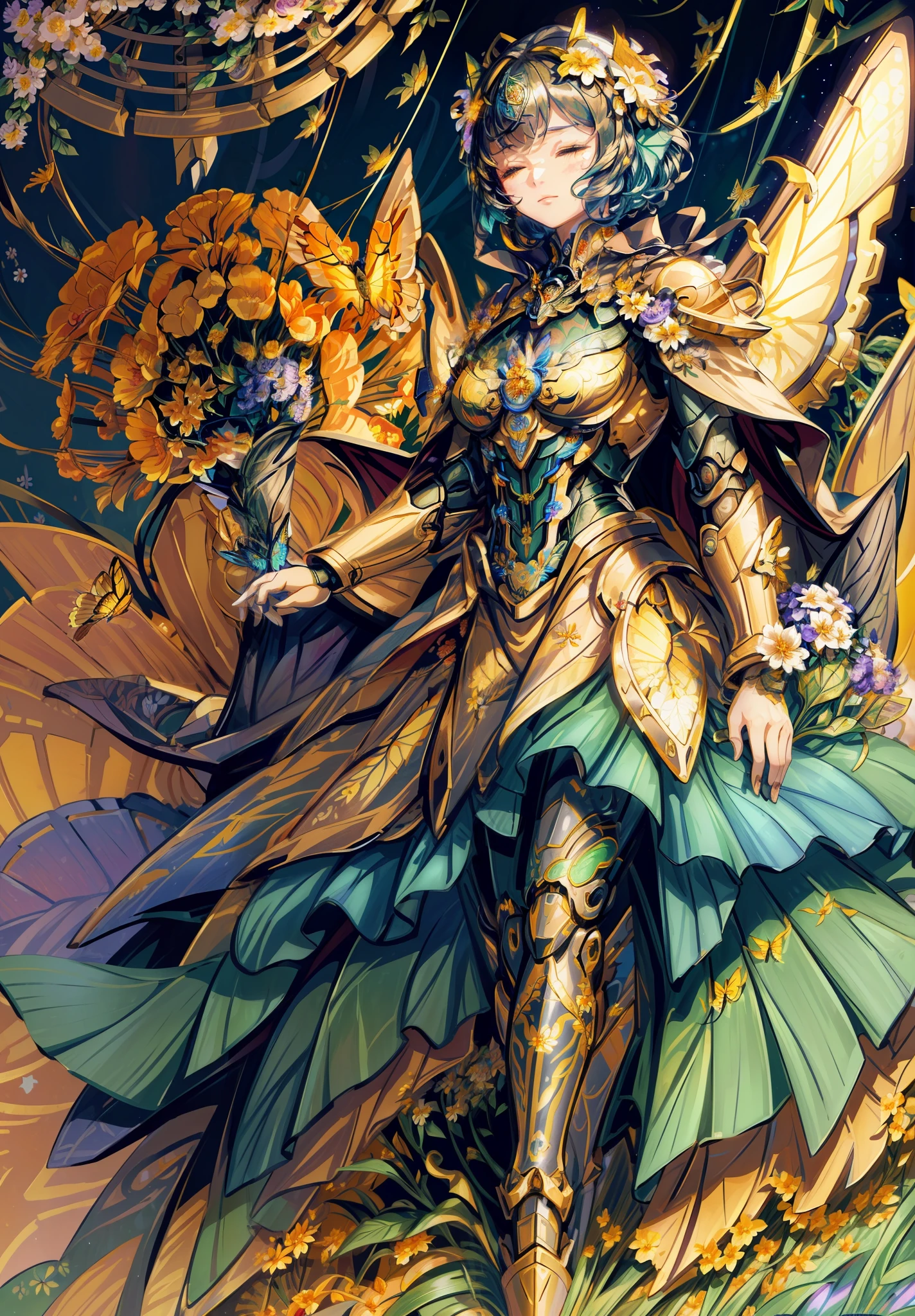 masterpiece, best quality), (1mechanical girl), (closing eyes), mechanical arms, upper body, ultra detailed, highly detailed, cinematic lighting, intricate details, colorful butterflies, (flowers growing on the mechanical body), (vines connecting to body), (detailed damaged cape), mecha, robot, detailed shiny armor, (warm light), (specular light:1.2), (flower field background:1.4), (glowing runes),   .