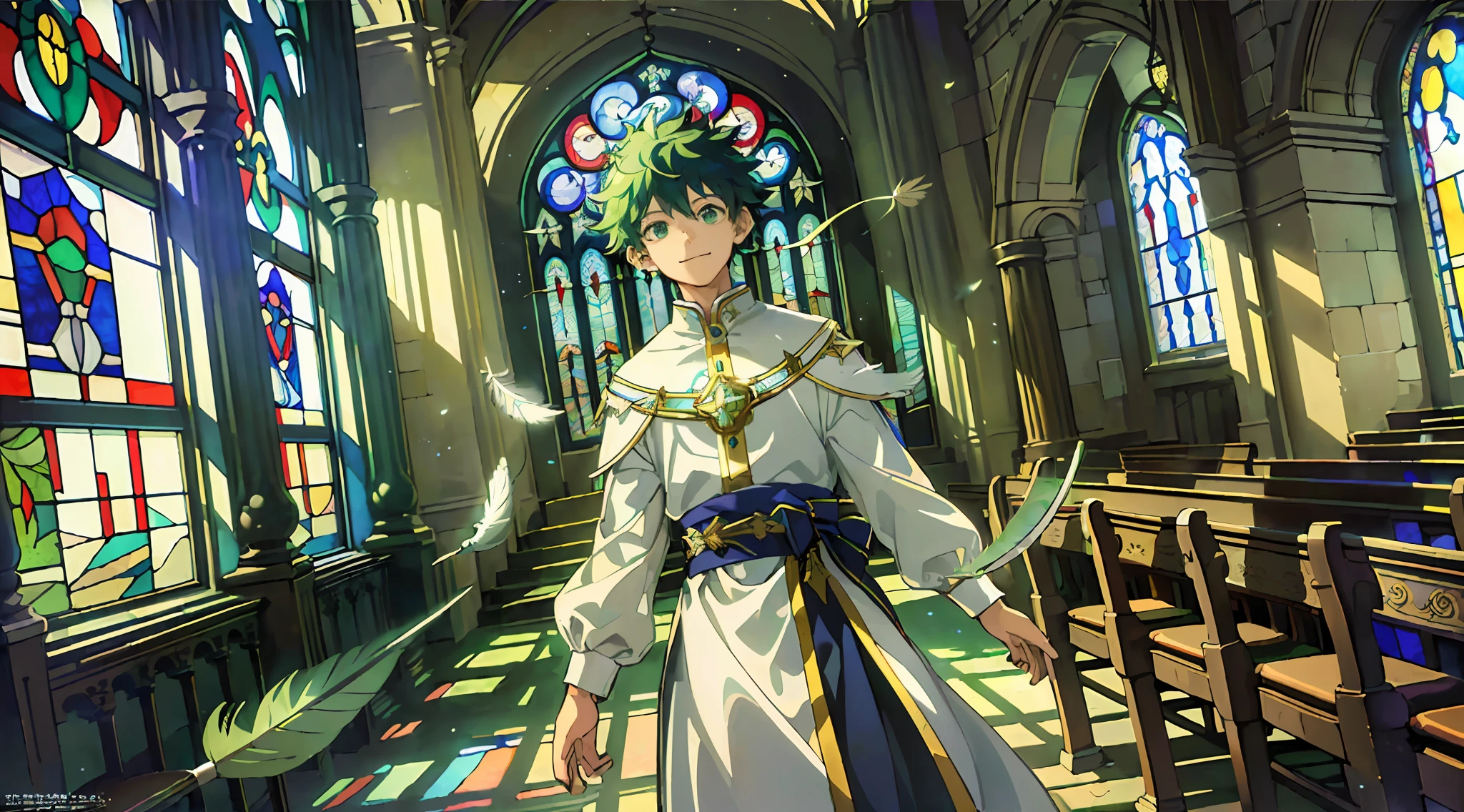 ((A Masterpiece:1.4、BEST QUALITY))、((A Masterpiece、BEST QUALITY))、(Churches:1.2)、(fragment:1.2)、(Stained glass:1.3)、Pillar、Sky cover、podium、Izuku Midoriya、vocation、short green hair and big eyes、Boys、delicate hair、kind smile、(Particles of Light)、(feather:1.3)、(Sunlight coming in through the window)、Bright atmosphere、(Behold:1.3)、cowboy Shot