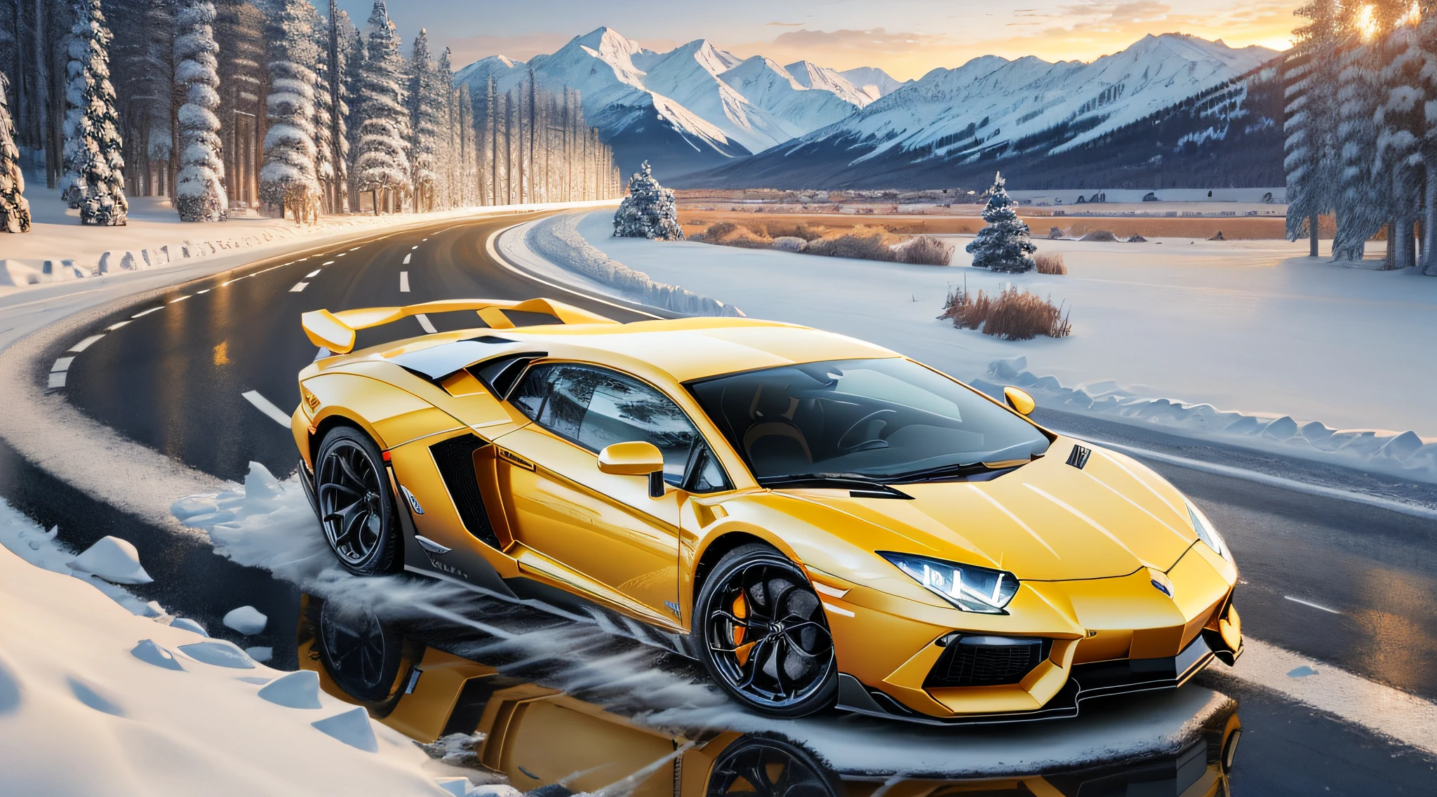 yellow lamburguini aventador sports car, running on an icy slope, with a landscape of snow-covered trees, with reflection in the car window, landscape background with icy mountains and snowflakes in the air, ultra realistic image, detailed image, 12k image, ultra resolution, vivid colors, real image, 3d rendering, ray tracing, cinematic lighting, realism,  Expressionism, UHD, 8k, 16k, super detail, high details, high quality