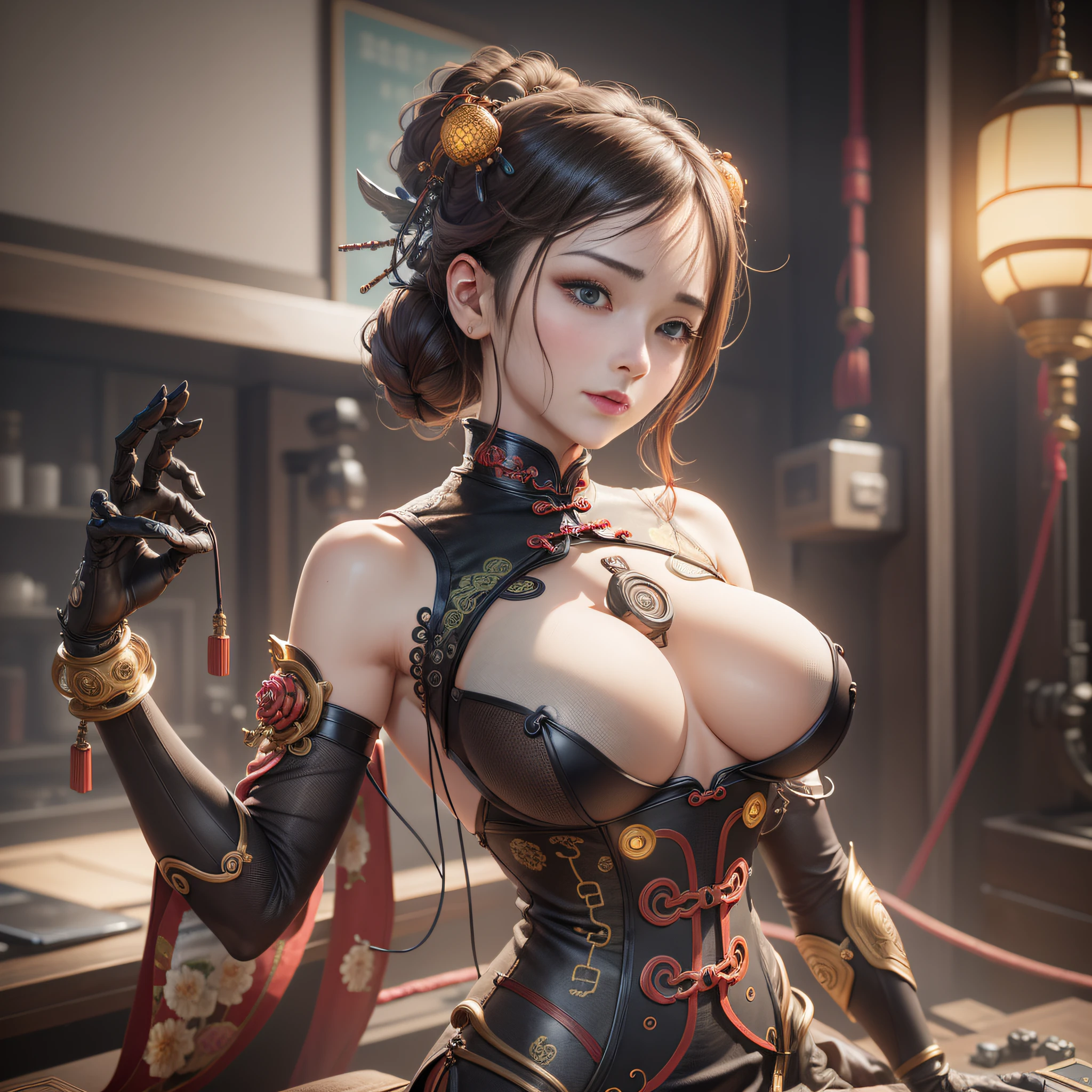 1 mechanical girl,((ultra realistic details)), portrait, global illumination, shadows, octane render, 8k, ultra sharp,metal,intricate, ornaments detailed, cold colors, japanese details, highly intricate details, realistic light, trending on cgsociety, glowing eyes, facing camera, neon details, machanical limbs,blood vessels connected to tubes,mechanical vertebra attaching to back,mechanical cervial attaching to neck,sitting,wires and cables connecting to head, (((Big boobs))), (((cheongsam)))