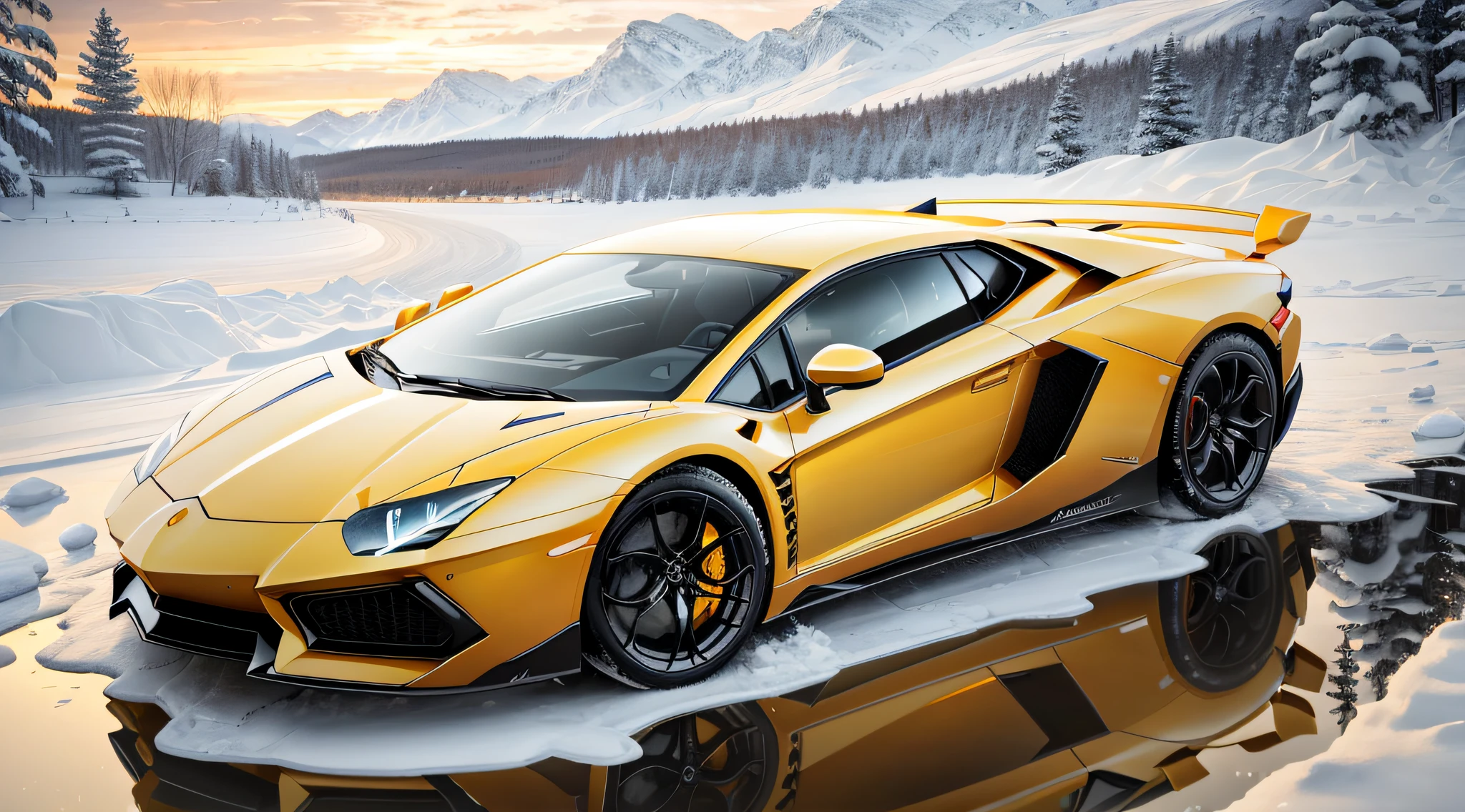 yellow lamburguini aventador sports car, running on an icy slope, with a landscape of snow-covered trees, with reflection in the car window, landscape background with icy mountains and snowflakes in the air, ultra realistic image, detailed image, 12k image, ultra resolution, vivid colors, real image, 3d rendering, ray tracing, cinematic lighting, realism, Expressionism, UHD, 8k, 16k, super detail, high details, high quality