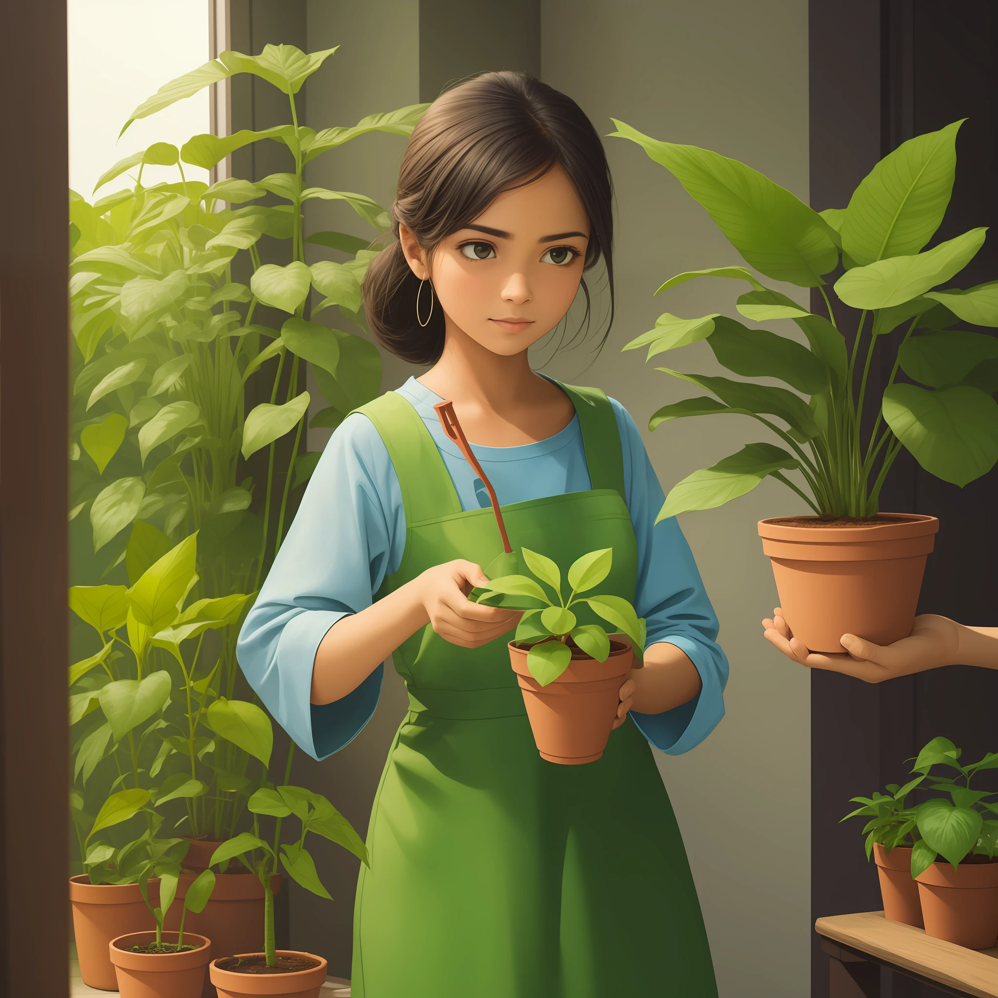 A gir with the plant in hand giving water and taking care of a plant