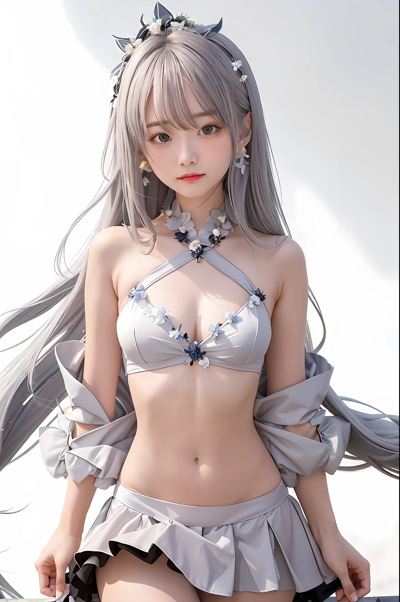 masterpiece, best quality,fuyusaka iori 1, 1girl, solo, (venus bikini:1.2),hair flower, hair ornament, flower, long hair , full body, grey hair, white flower, grey eyes,looking at viewer, highly detailed city background,(ulzzang-6500:0.8), blush,