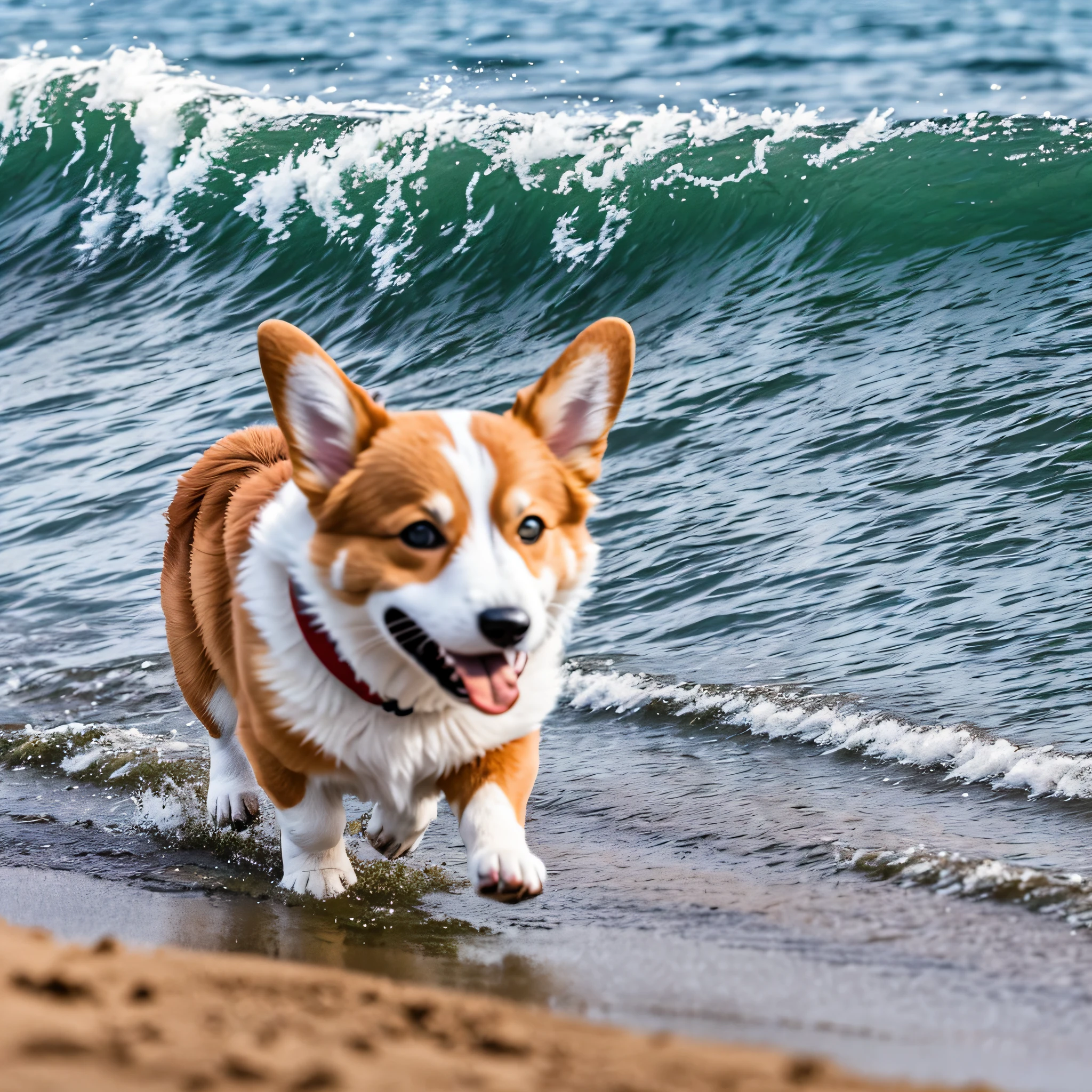 A tricolor corgi running by the sea --auto --s2