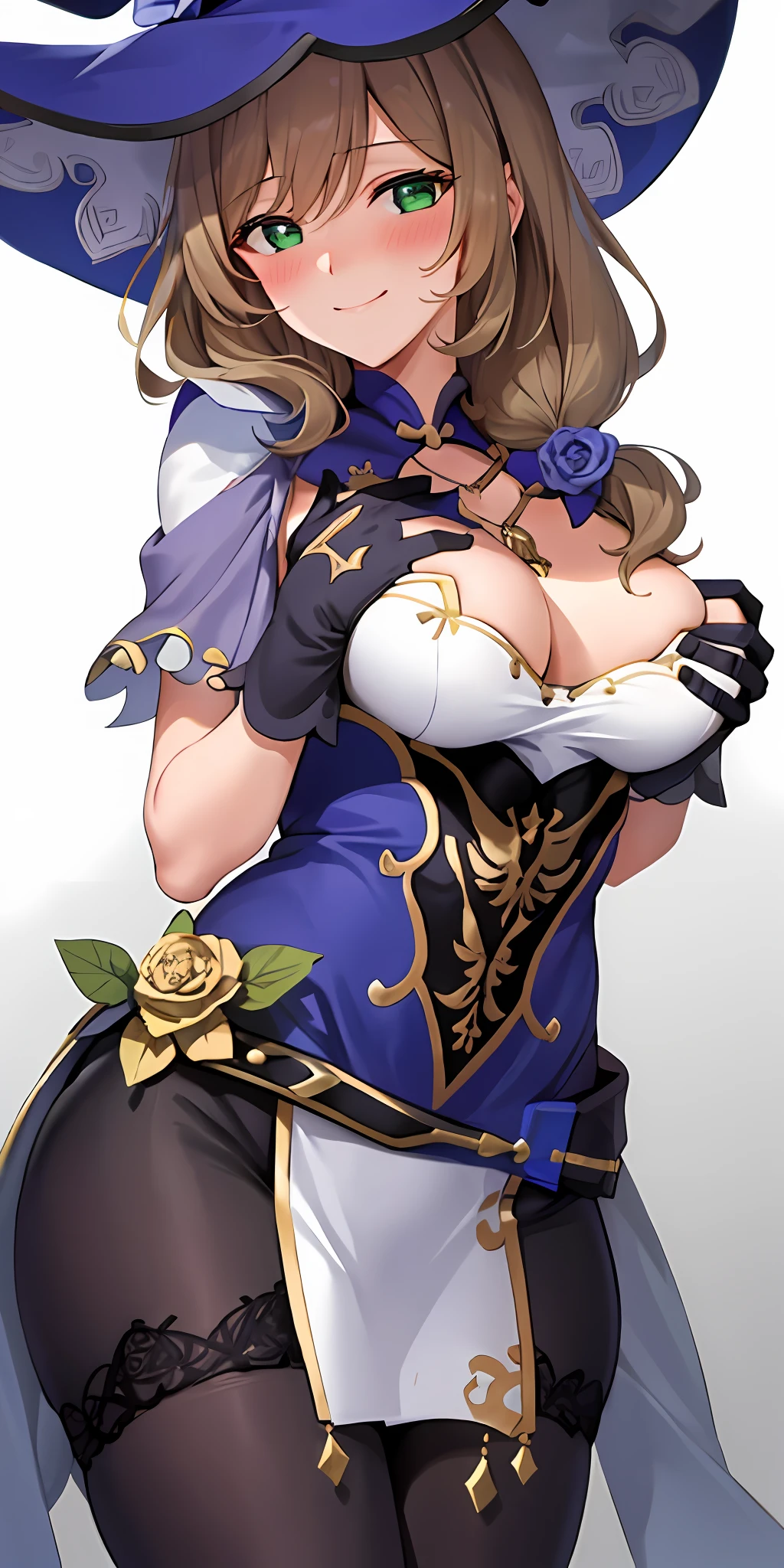 1girl, solo, lisadef, busty, smiling, (blushing:1.2), (grabbing breasts:1.6)
