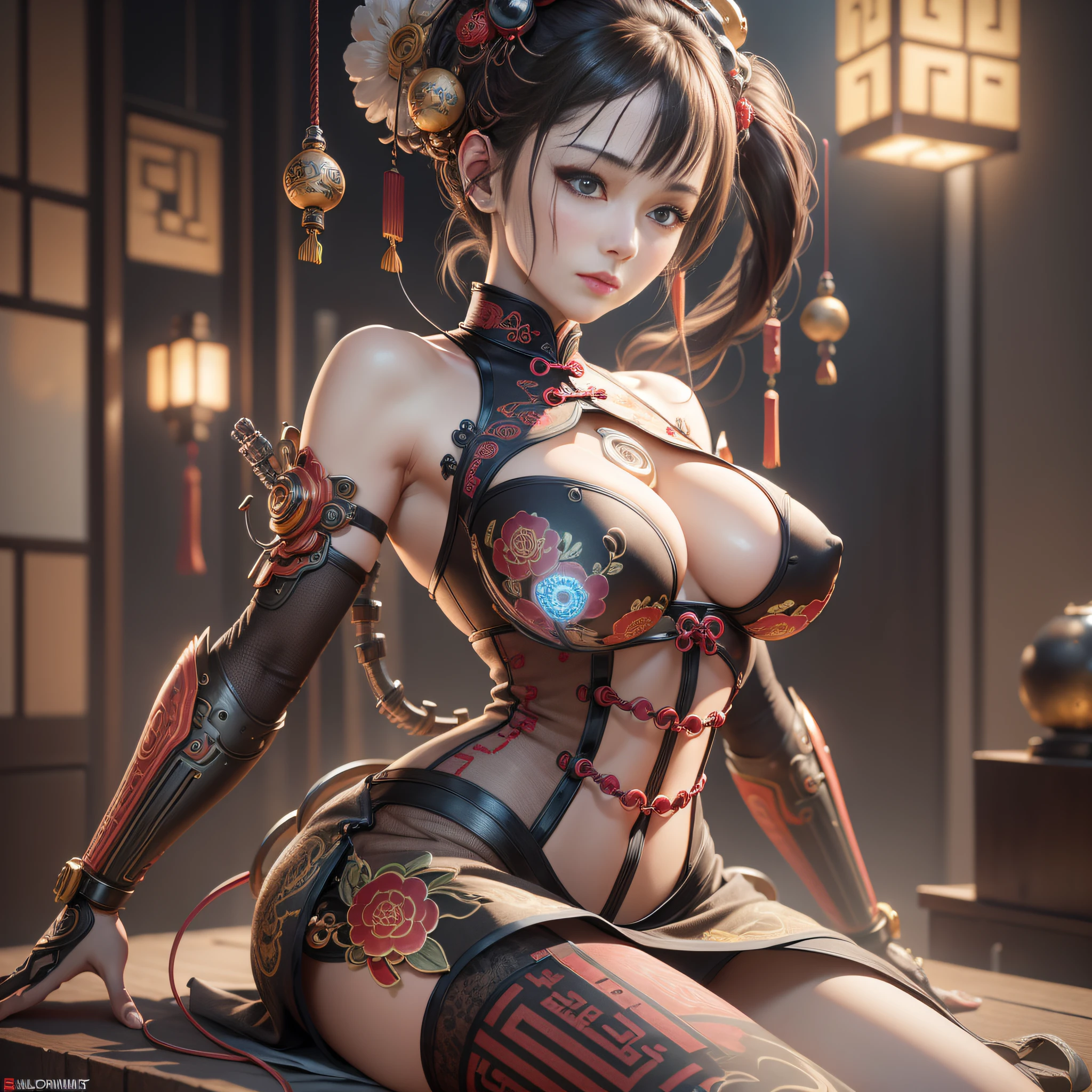 1 mechanical girl,((ultra realistic details)), portrait, global illumination, shadows, octane render, 8k, ultra sharp,metal,intricate, ornaments detailed, cold colors, japanese details, highly intricate details, realistic light, trending on cgsociety, glowing eyes, facing camera, neon details, machanical limbs,blood vessels connected to tubes,mechanical vertebra attaching to back,mechanical cervial attaching to neck,sitting,wires and cables connecting to head, (((Big boobs))), (((cheongsam)))
