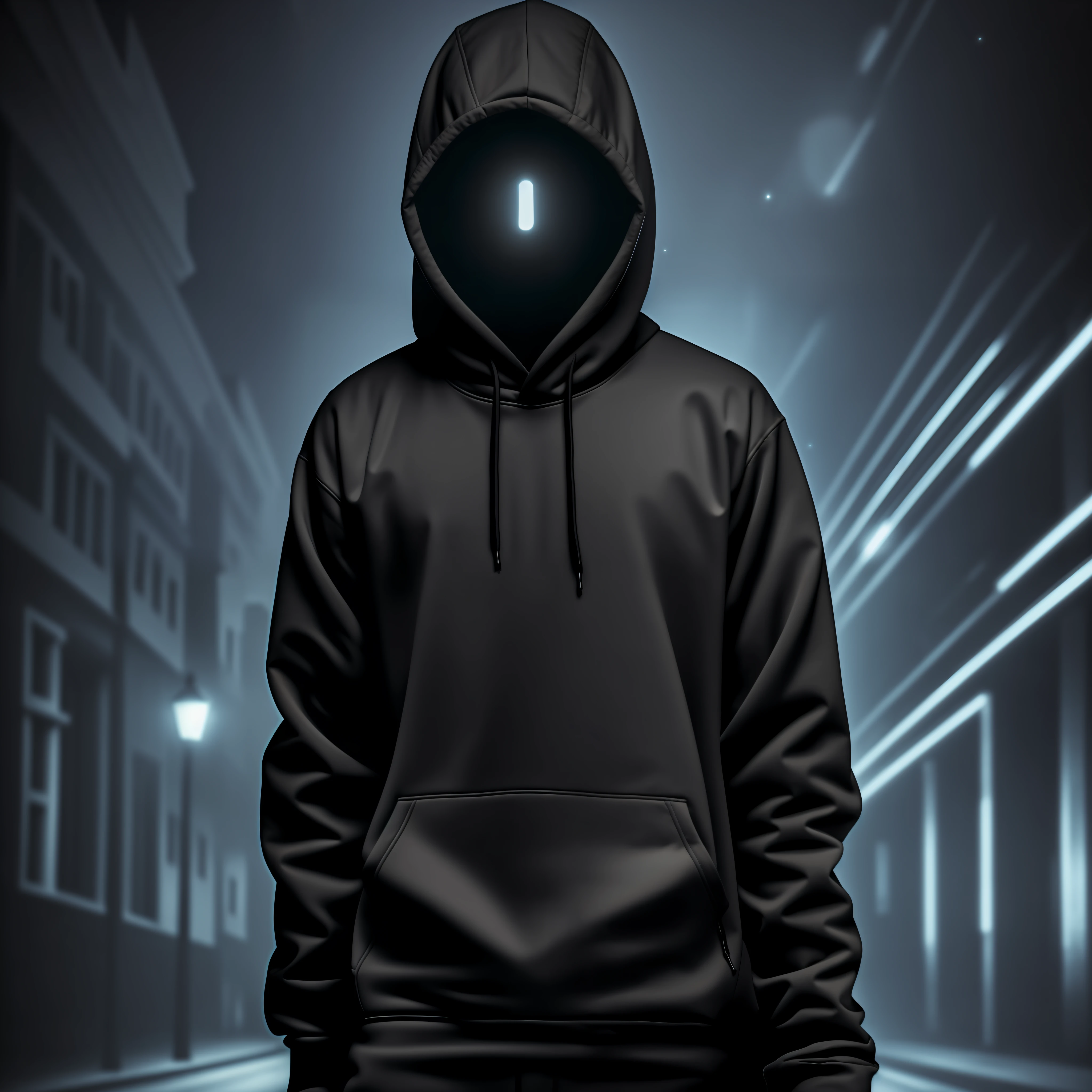 (fantasy, black and white) A mysterious faceless man wears a hoodie with glowing neon eyes as he roams a lonely, silent city at night. --auto --s2