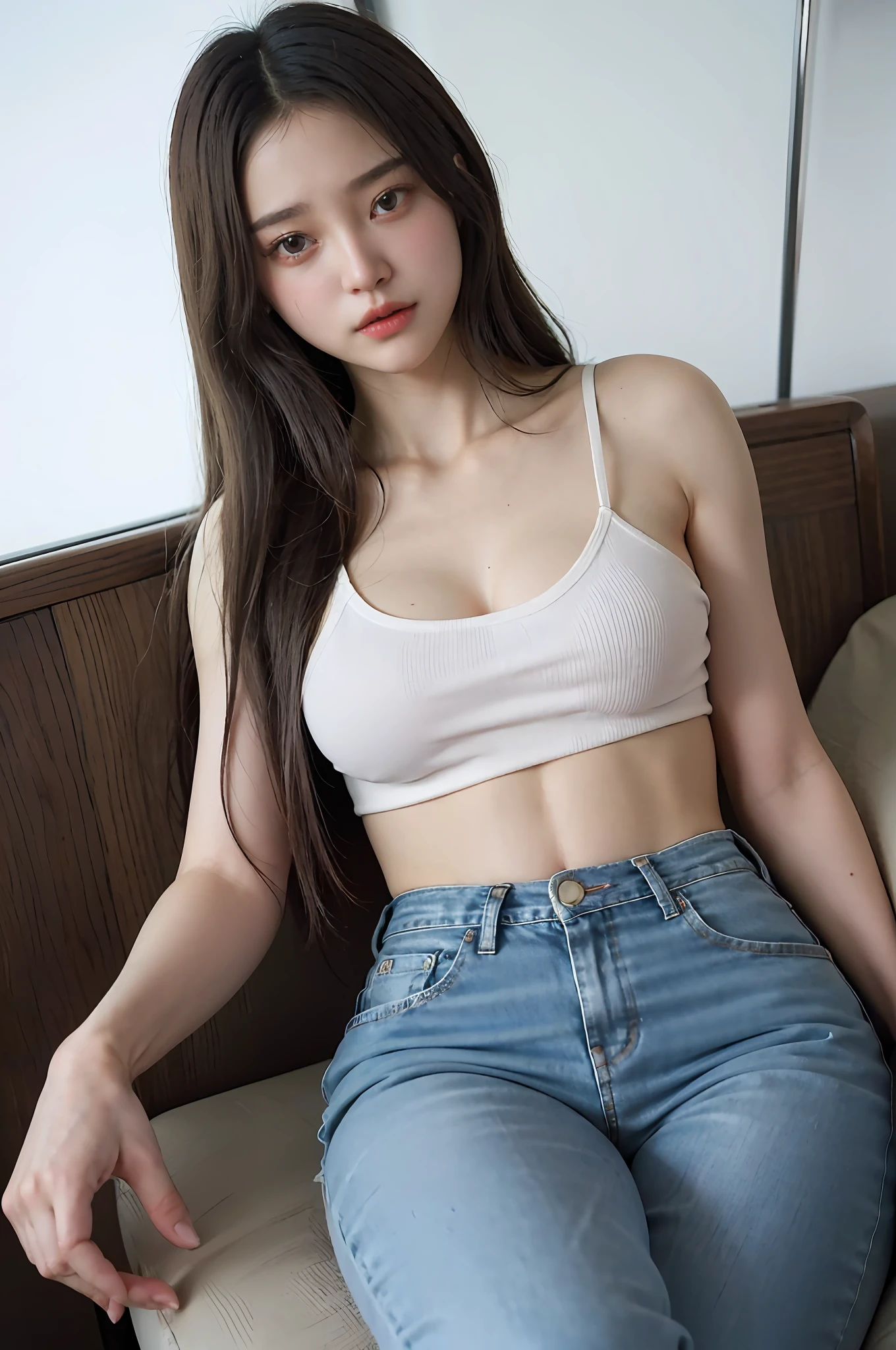 High angle shot, center view, Arad asian woman sitting on train in tight jeans and shorts, cute schoolgirl, Japanese 18 year old girl, wearing tight long jeans, wearing ripped tight long jeans (low rise crop top, microflared, trousers: 1.5), (hole: 0.6), (detailed clothing texture: 1.2, detailed graininess: 1.2), surreal schoolgirl, dressed as schoolgirl, surreal schoolgirl, realistic schoolgirl, schoolgirl posing, full body:1.5, beautiful skin, glowing skin, beautiful thighs, glowing thighs, glowing calves, best quality, white skin, real skin, (detail face), goose egg face, pores, super high resolution, (8k, raw photo, photorealistic:1.4), 1girl, slim, (looking at the audience with a serene goddess eye happiness:1.2), ( lip gloss, eyelashes, glossy face, Best quality, ultra-high resolution, wide lighting, natural shadows), fair pink toes: 1.5, thin heeled strap sandals: 1.5, full body (1.5)