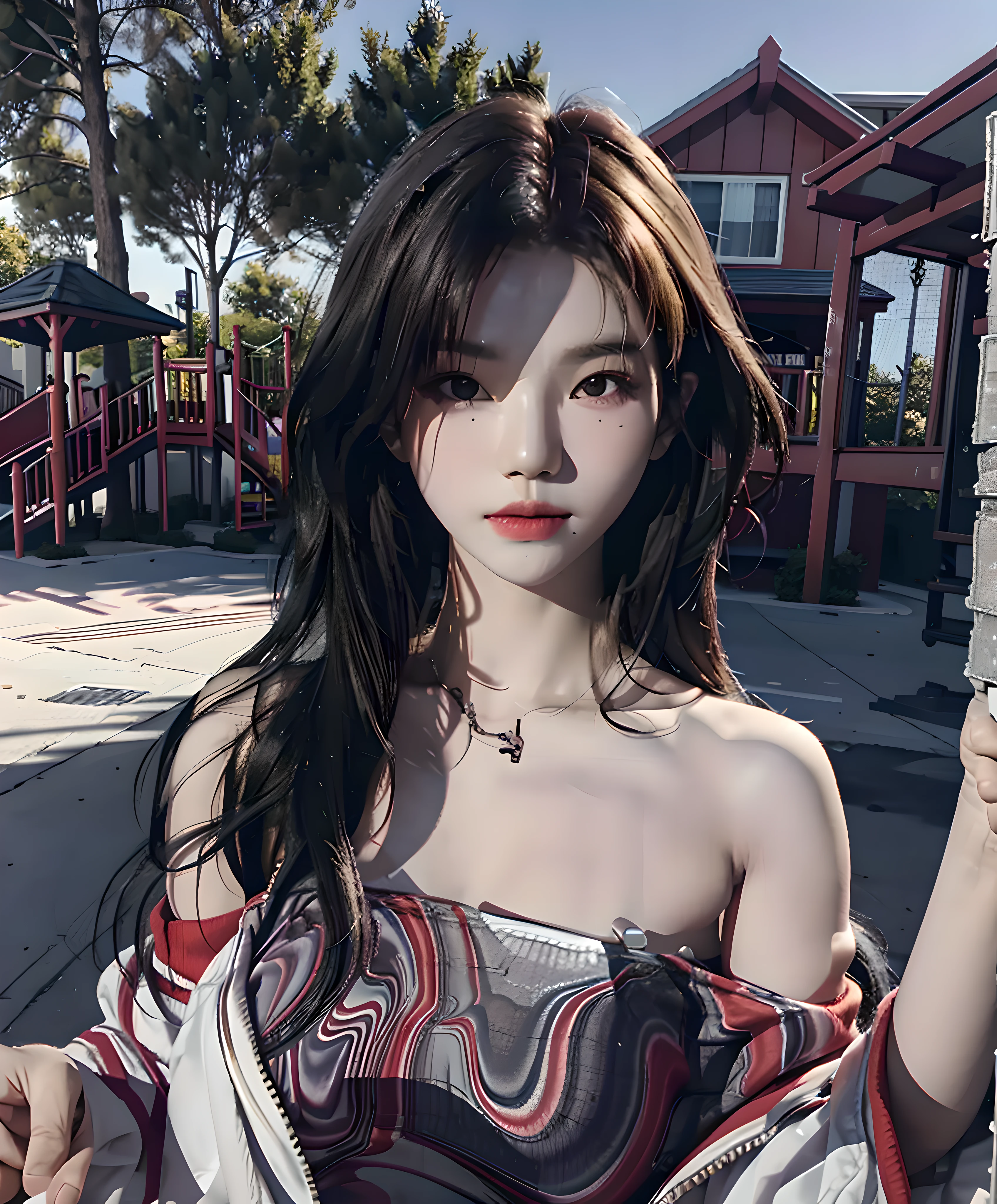 Best Quality, Masterpiece, Ultra High Resolution, (Realisticity: 1.9), Original Photo, 1Girl, Bare Shoulder, Close Up, Asian, Outdoor, Playground, Movie Lighting