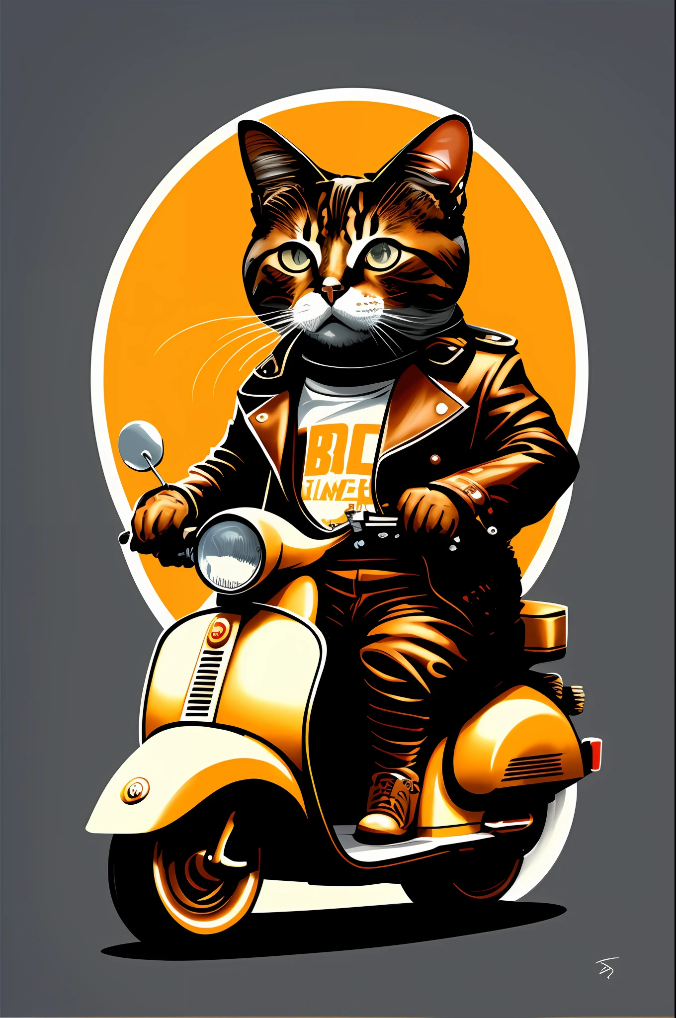 painting of a cat riding a motor scooter with a helmet on, in style of digital illustration, inspired by Tim Doyle, by Wayne England, dan mcpharlin, vector behance hd jesper ejsing, by Tim Doyle, by Glen Angus, angus mckie, highly detailed vector art, full color illustration, by Derek Hill, fabulous illustrations