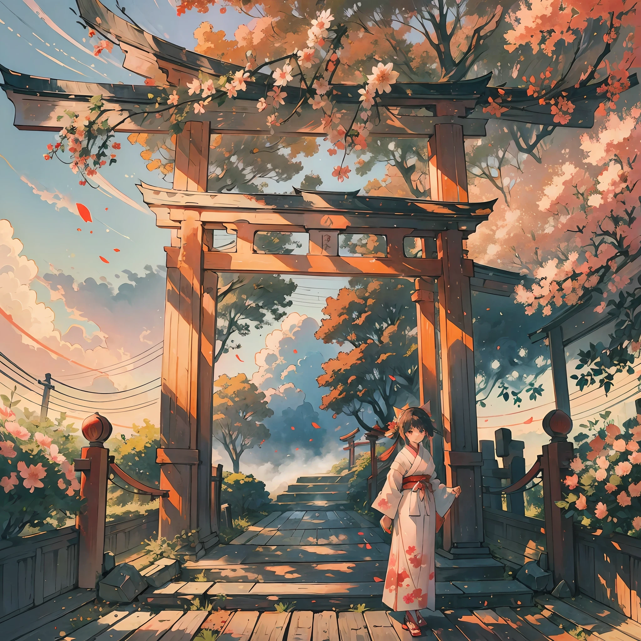 The morning sun rises above the clouds

A girl in a white kimono is standing in front of a torii gate

Red higan flowers bloom in front of the torii gate --auto --s2