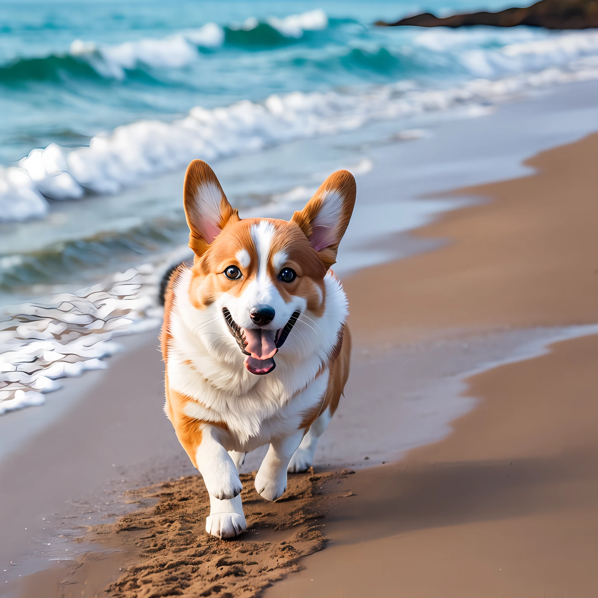 A tricolor corgi running by the sea --auto --s2