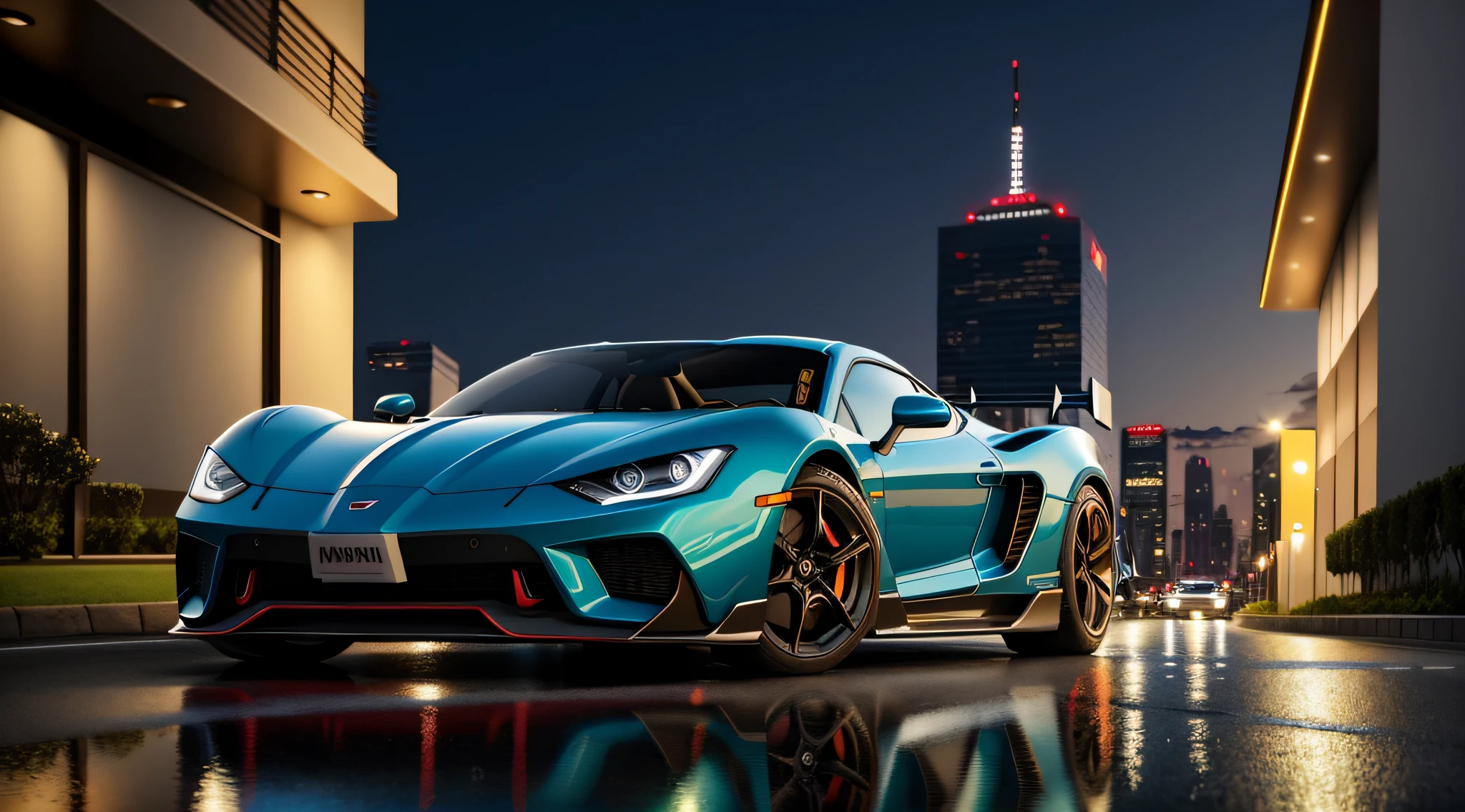 poison lamburguini sports car, running on a stone road, with tokio cityscape, with reflection on car glass, night landscape background and lights shining on car, ultra realistic image, detailed image, 12k image, ultra resolution, vivid colors, real image, 3d rendering, ray tracing, cinematic lighting, realism, expressionism, UHD, 8k, 16k,  Super detail, High details, high quality