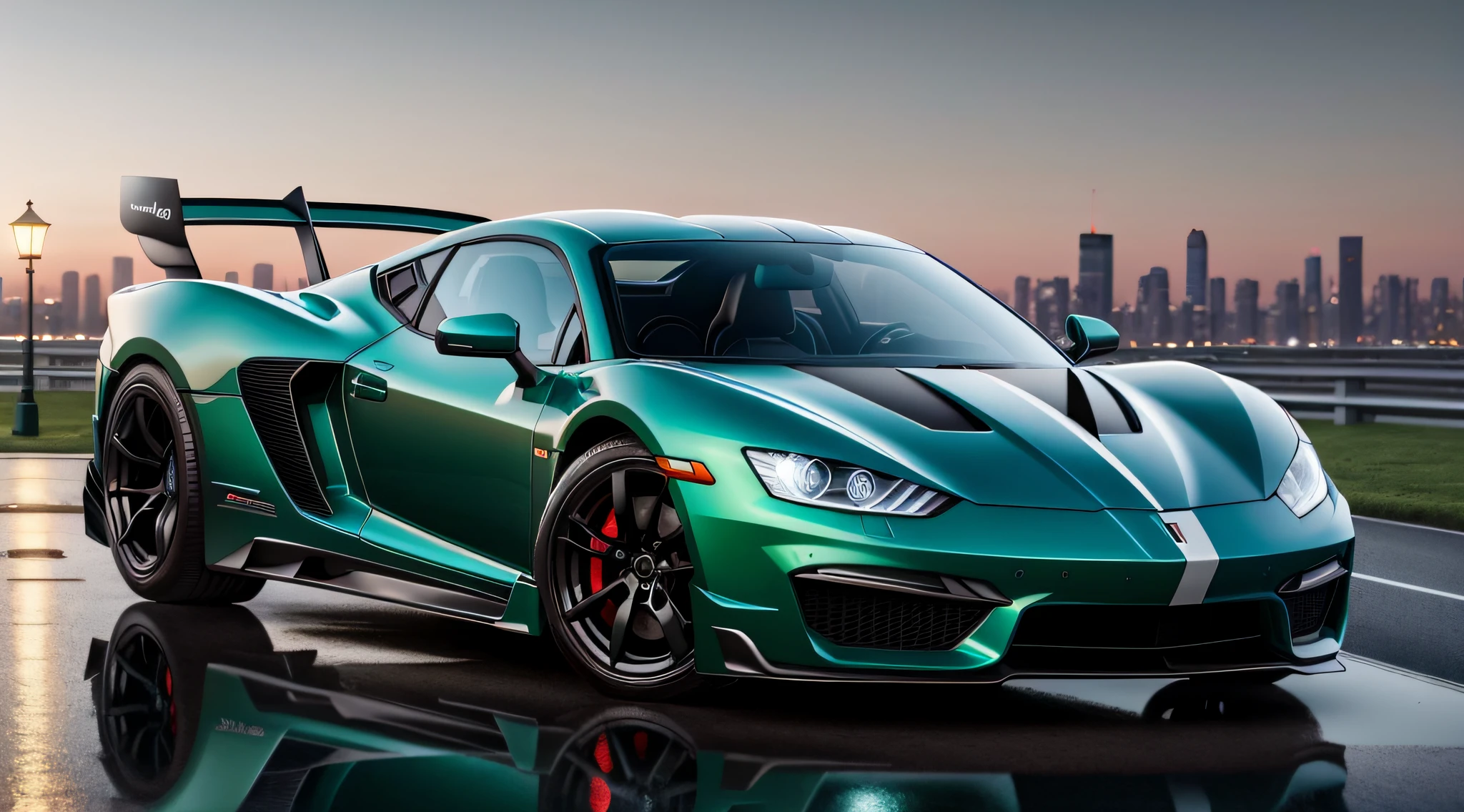 poison lamburguini sports car, running on a stone road, with tokio cityscape, with reflection on car glass, night landscape background and lights shining on car, ultra realistic image, detailed image, 12k image, ultra resolution, vivid colors, real image, 3d rendering, ray tracing, cinematic lighting, realism, expressionism, UHD, 8k, 16k, Super detail, High details, high quality