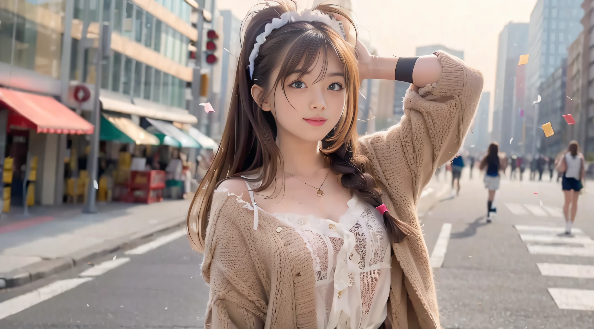 (masterpiece:1.5), illustration, 4k, 8k, (high quality:1.1), very detailed, detailed face, HDR, bright colors, natural lighting, beautiful eyes, detailed eyes, colorful eyes, pretty face, 1girl, long hair, messy hair, brown hair, double braids, headbands, hair accessories, cheerleaders, ((no clothes)), pompoms, cheers, standing on the side of the main road, arms open, ((confetti)), smile, open mouth, build shot, medium shot, ((sexy)), ((sexy))