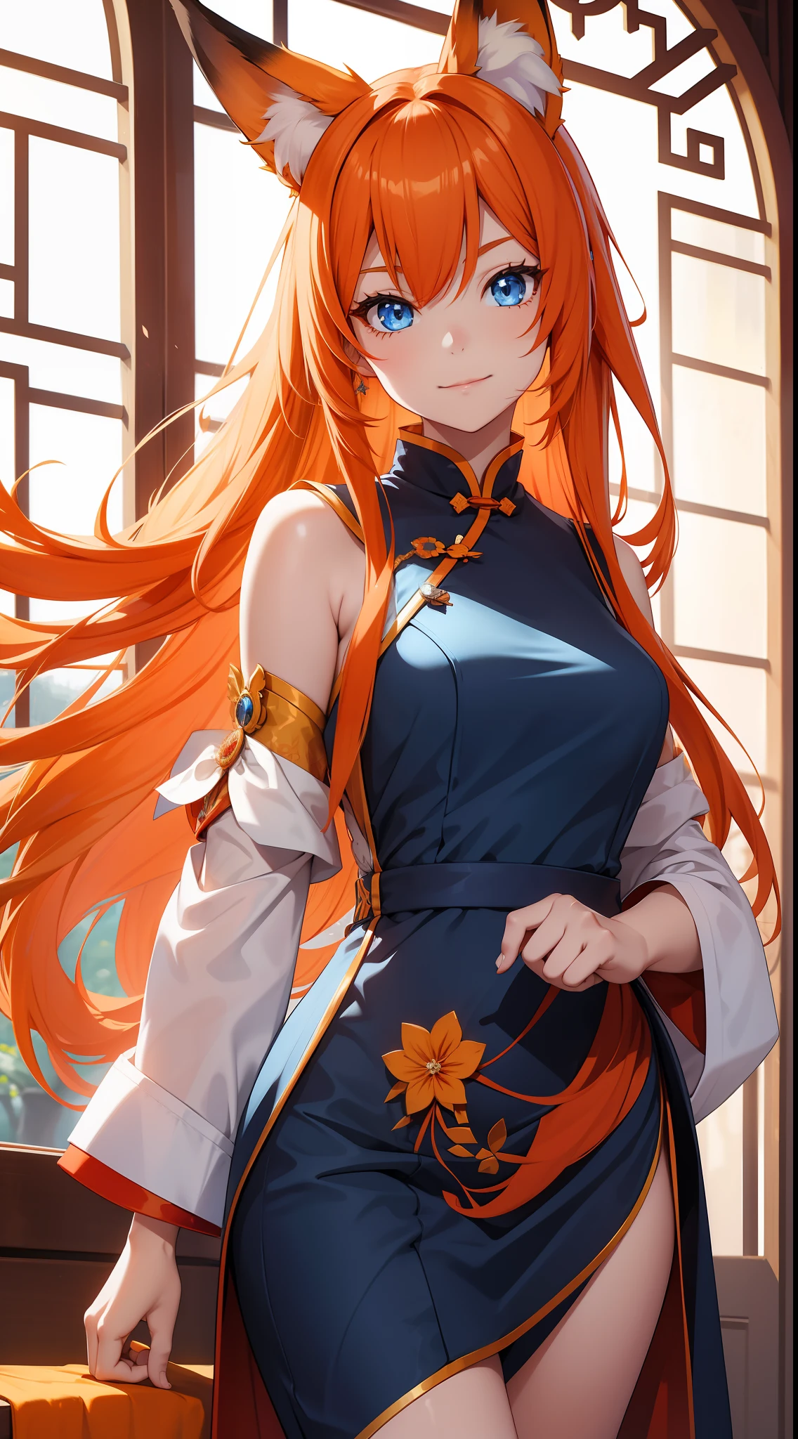 young girl, long orange hair, blue eyes, fox ears, Chinese dress, happy, masterpiece, high quality