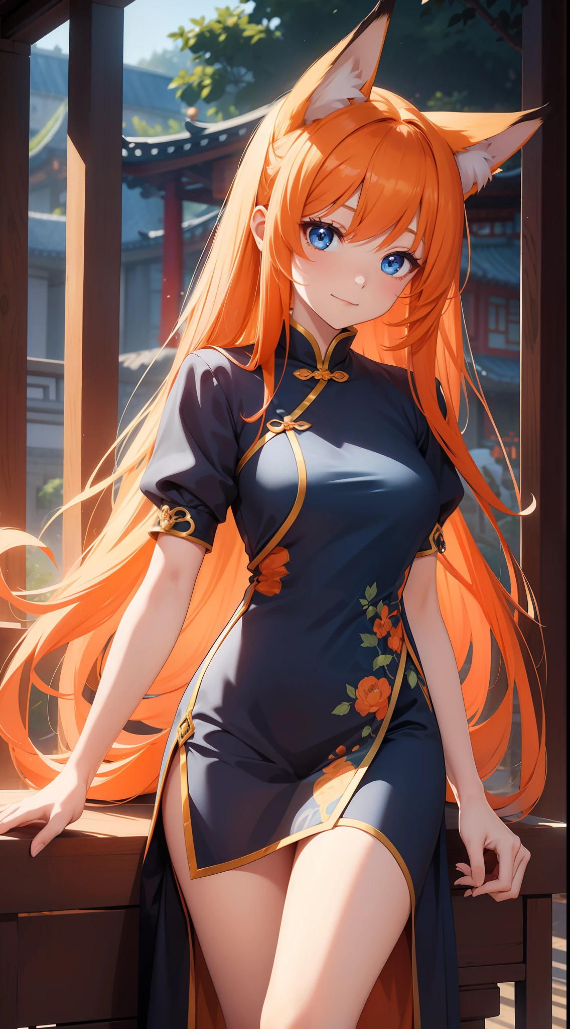 young girl, long orange hair, blue eyes, fox ears, Chinese dress, happy, masterpiece, high quality