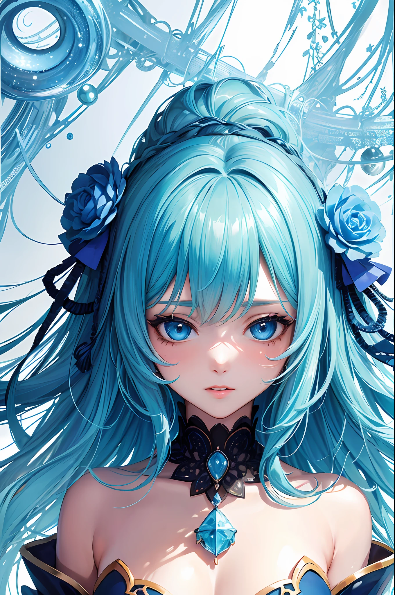 (Masterpiece, Top Quality, Best Quality, Official Art, Beauty and Aesthetics: 1.2), (1girl: 1.3), (Fractal Art: 1.3), Vibrant Aqua Blue Eyes, Medium Hair with Tassels,