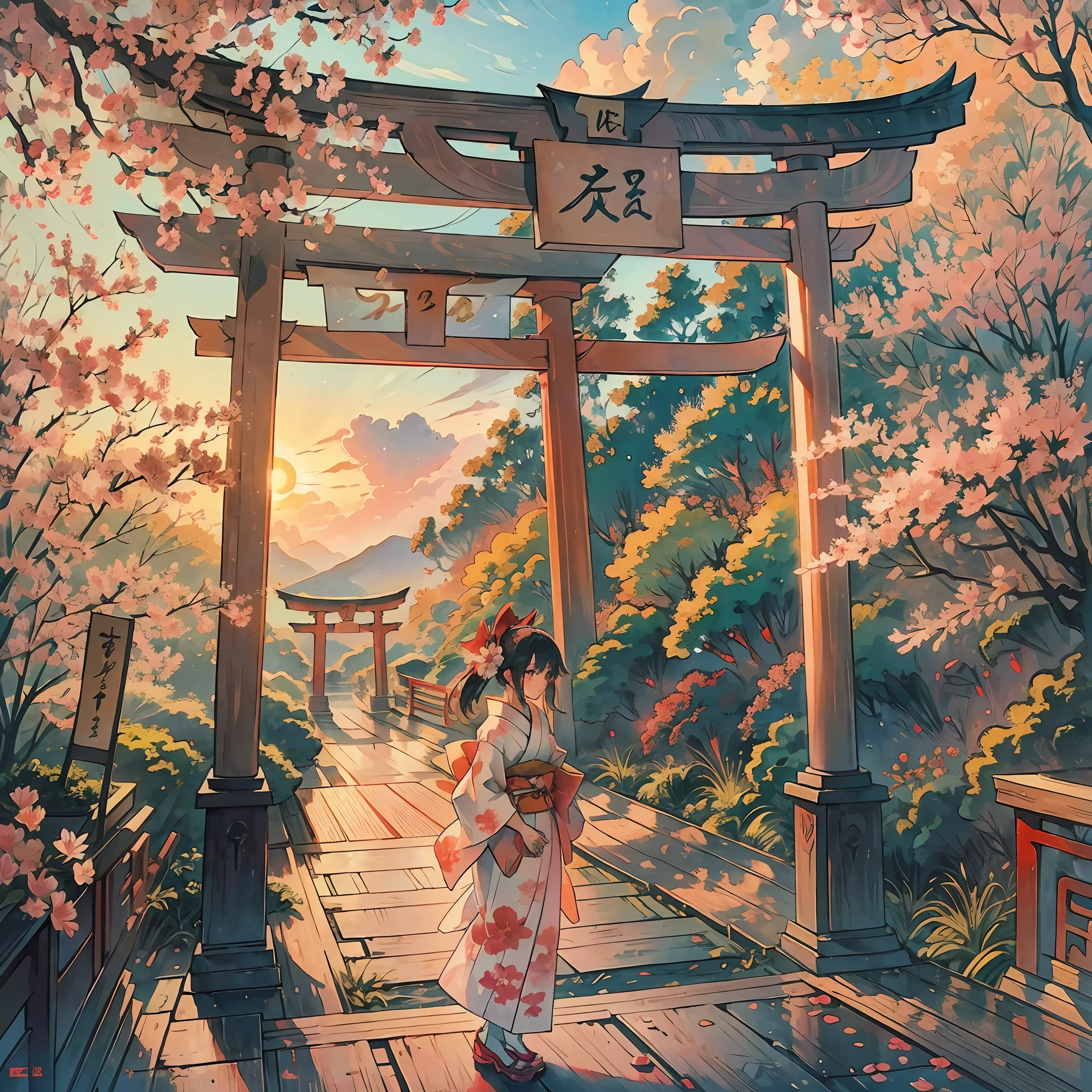The morning sun rises above the clouds
A girl in a white kimono is standing in front of a torii gate
Red higan flowers bloom in front of the torii gate --auto --s2