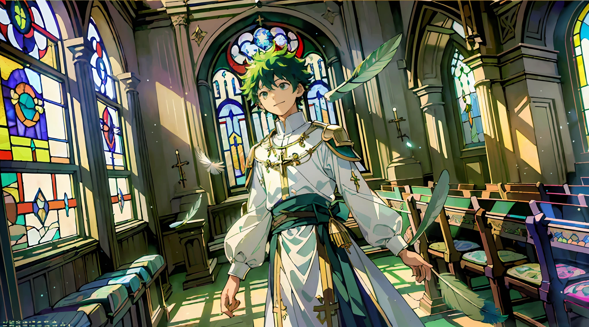 ((A Masterpiece:1.4、BEST QUALITY))、((A Masterpiece、BEST QUALITY))、(Churches:1.2)、(fragment:1.2)、(Stained glass:1.3)、Pillar、Sky cover、podium、Izuku Midoriya、vocation、short green hair and big eyes、Boys、delicate hair、kind smile、(Particles of Light)、(feather:1.3)、(Sunlight coming in through the window)、Bright atmosphere、(Behold:1.3)、cowboy Shot