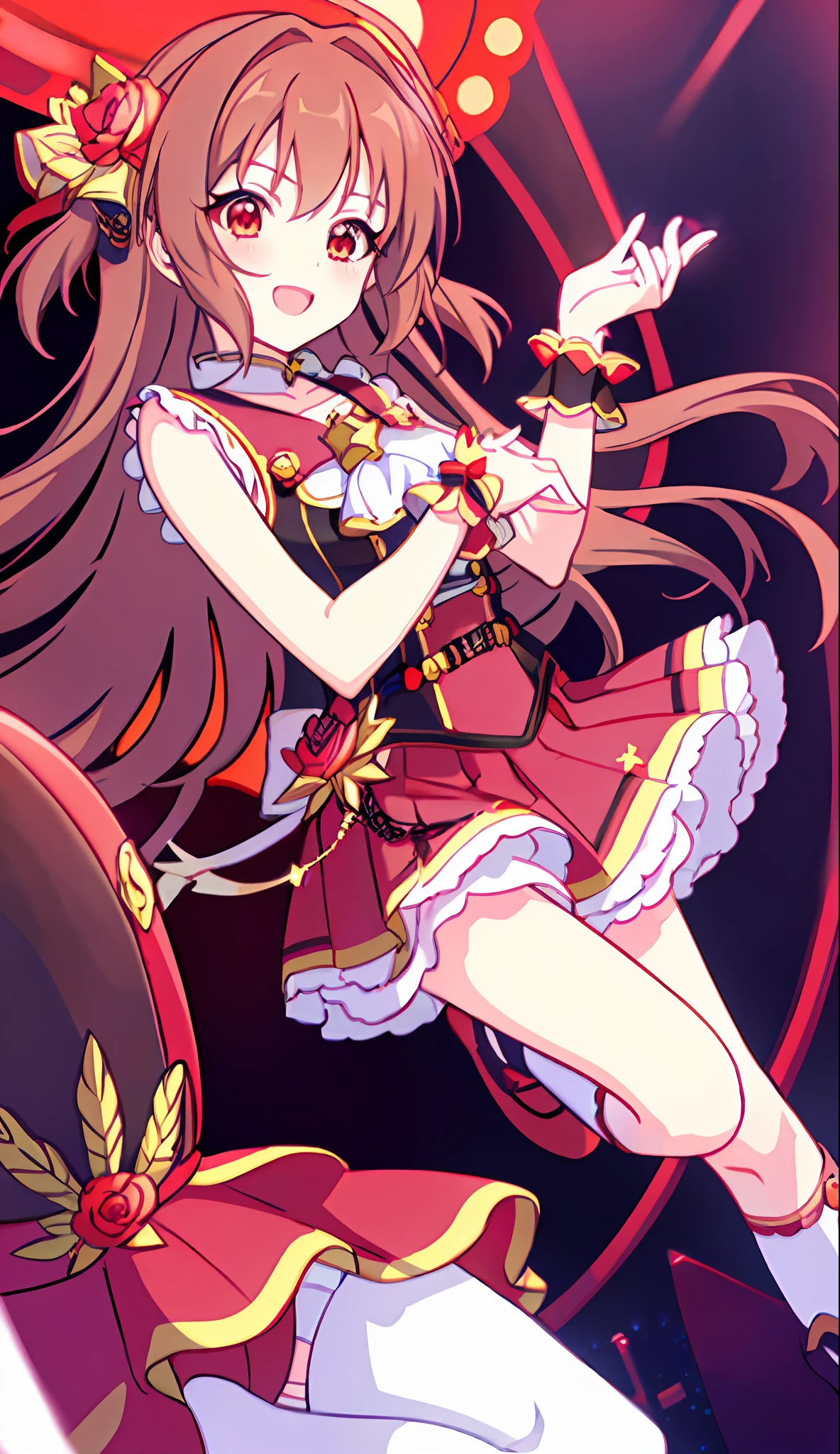 18 Love Beautiful Girl, Masterpiece, Top Quality, 8K Animation, Detailed Fingers, Precise Fingers, Non-Unnatural Hands, Illustration, 1 Girl, Solo、、、 Brown Long Hair, Red Idol Costume, Red Mini Skirt, Red Eyes, White Knee Socks, Nozomi,