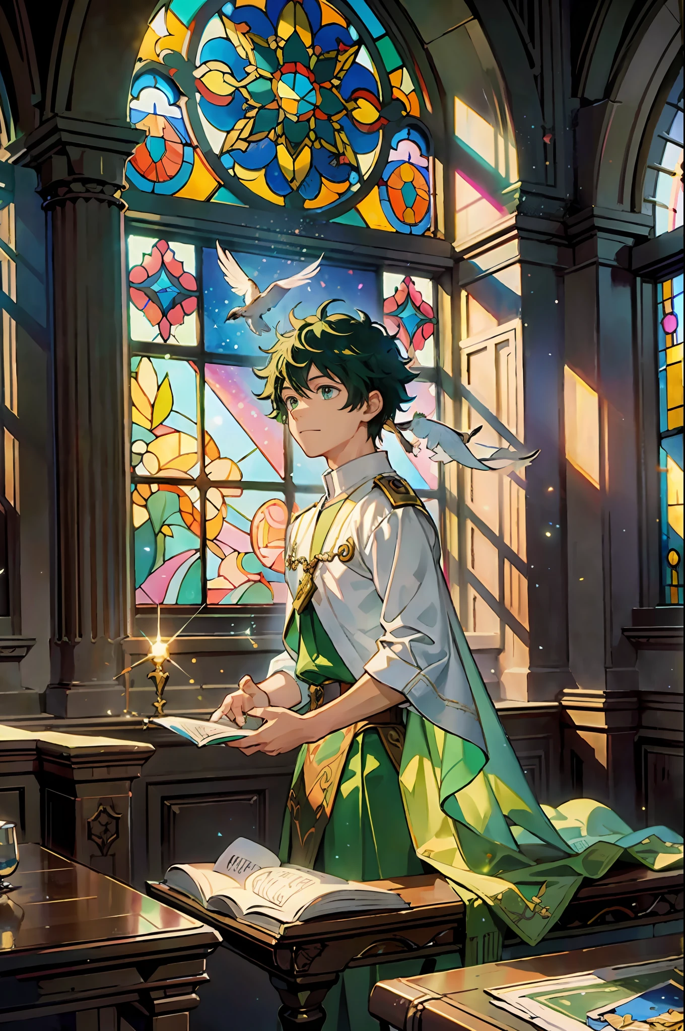((Masterpiece: 1.4, highest quality)), ((Masterpiece, highest quality)), (Church: 1.2), (Fragment: 1.2), (Stained Glass: 1.3), Pillar, Sky Cover, Praying, Izuku Midoriya, Priest, Short green hair and big eyes, boy, Delicate hair, Gentle smile, (Light particles), (Feathers: 1.3), (Sunlight coming through the window), Bright atmosphere, (Behold: 1.3), Cowboy Shot