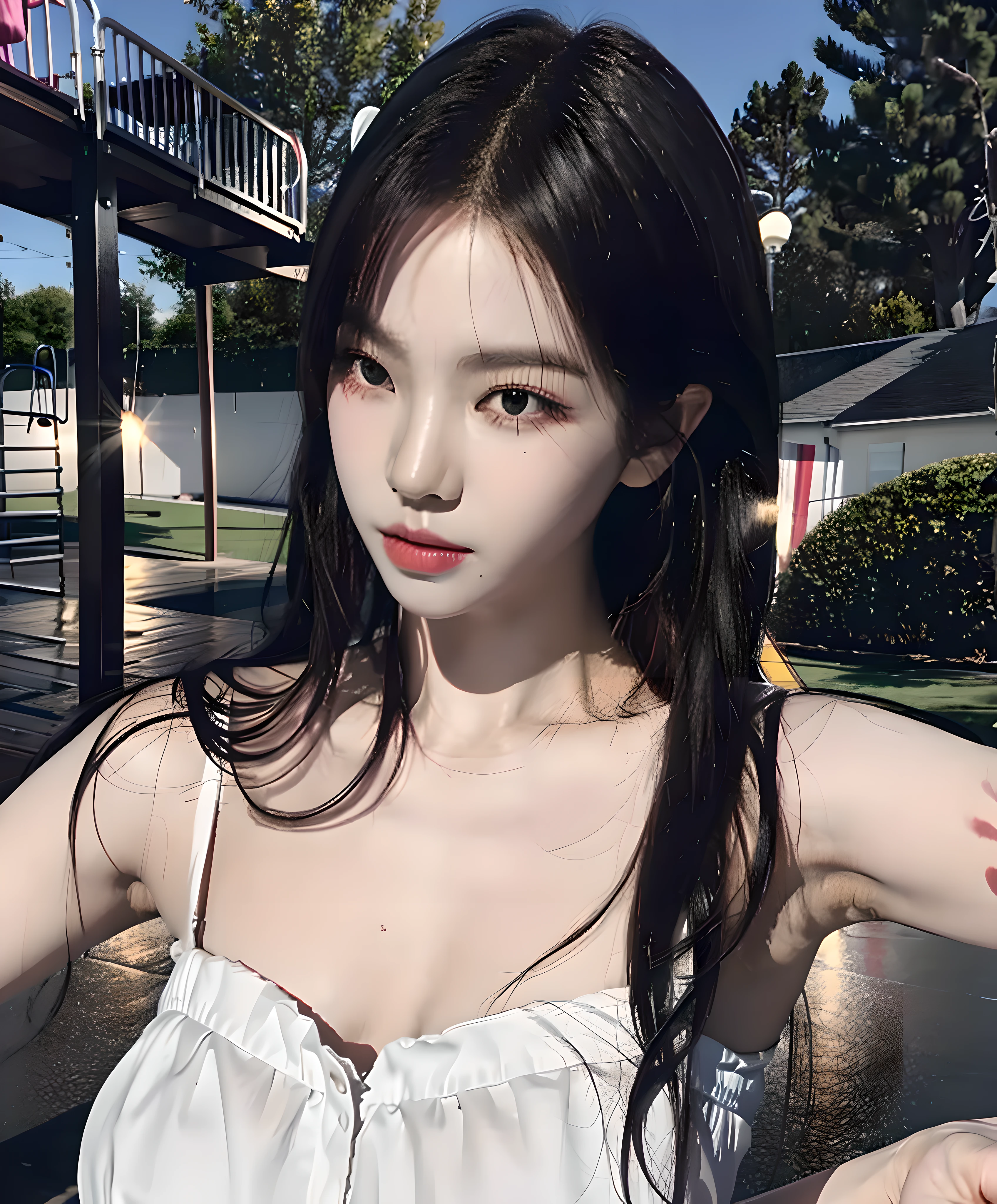Best Quality, Masterpiece, Ultra High Resolution, (Realisticity: 1.9), Original Photo, 1Girl, Bare Shoulder, Close Up, Asian, Outdoor, Playground, Movie Lighting