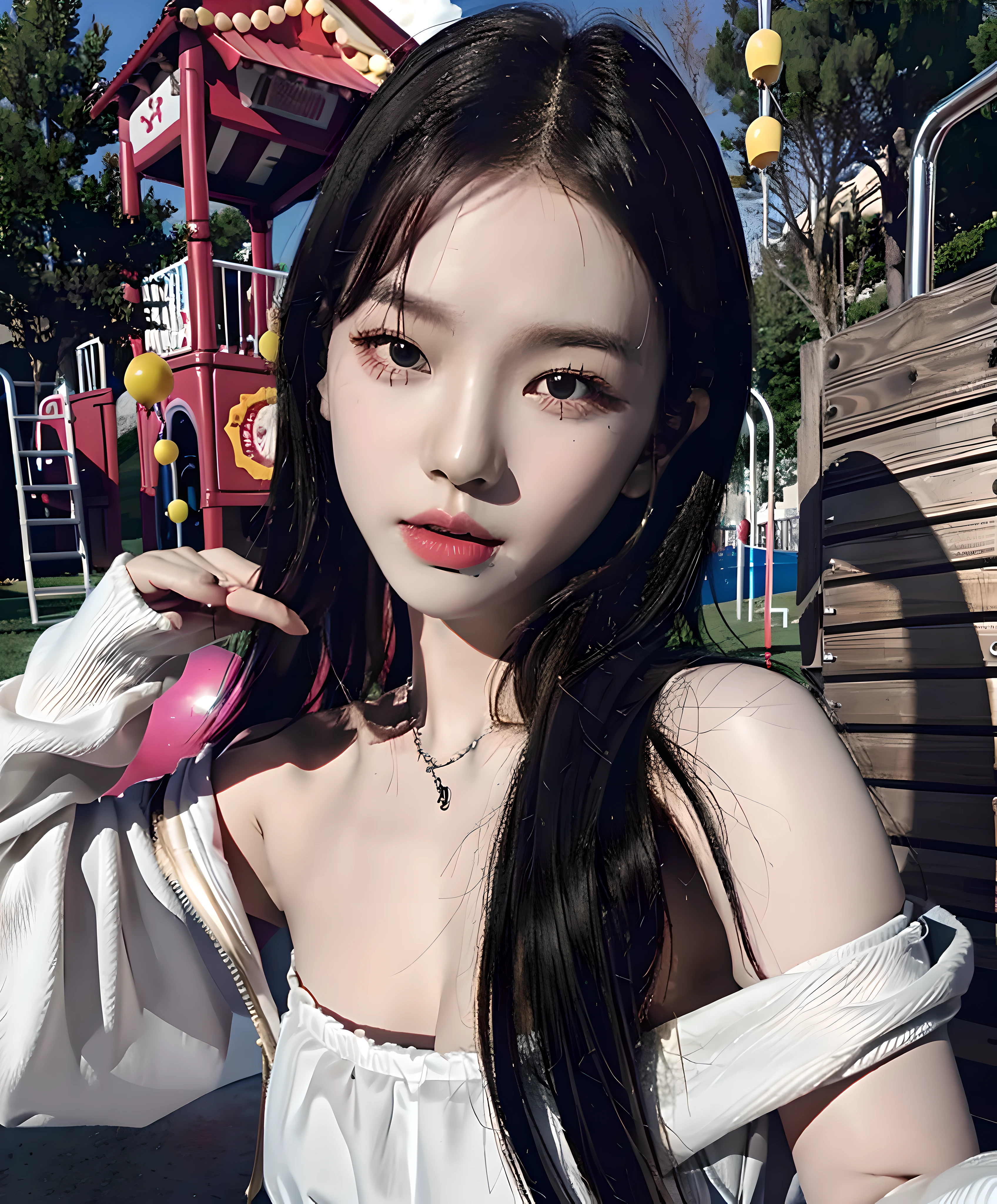 Best Quality, Masterpiece, Ultra High Resolution, (Realisticity: 1.9), Original Photo, 1Girl, Bare Shoulder, Close Up, Asian, Outdoor, Playground, Movie Lighting