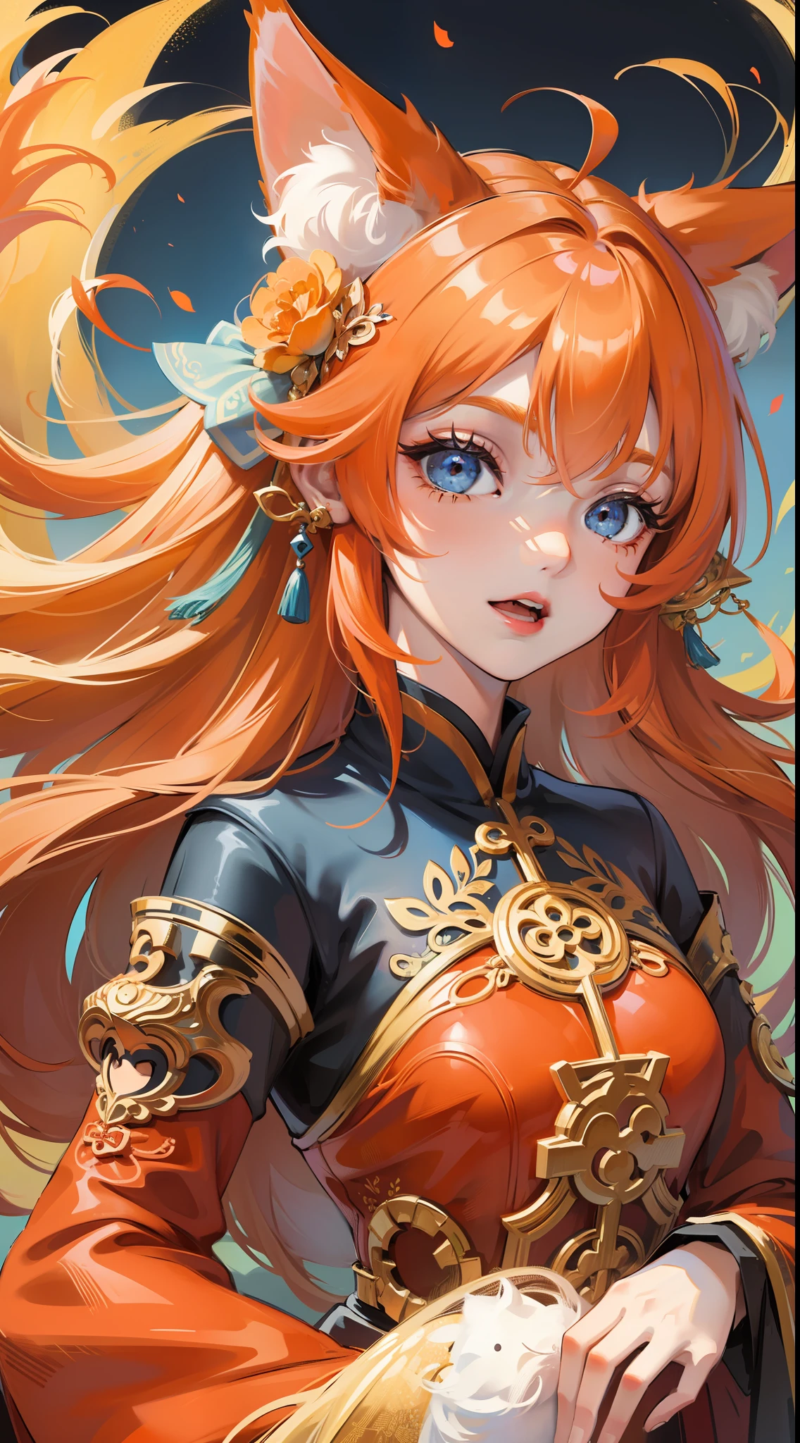 young girl, long orange hair, blue eyes, fox ears, Chinese dress, happy, masterpiece, high quality
