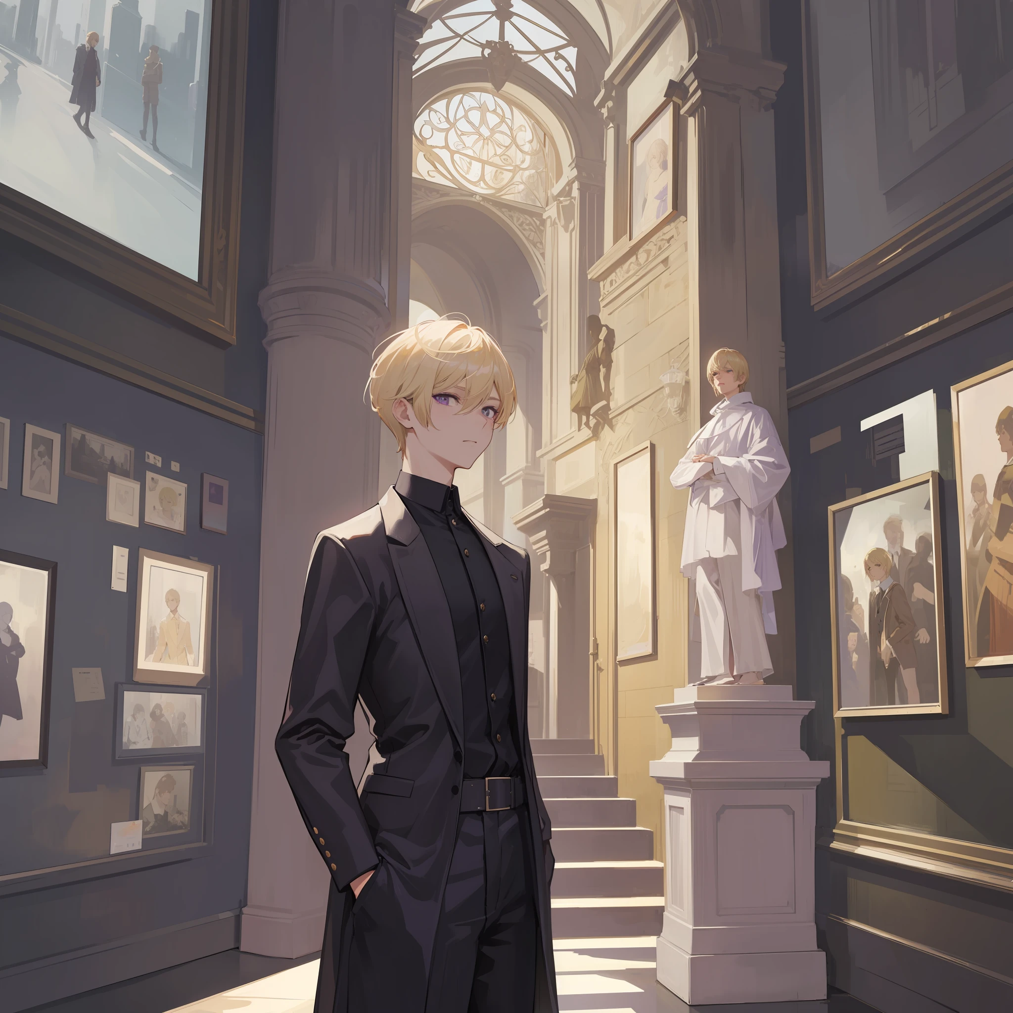 A blonde short hair man, purple eyes, standing in front of statue on art gallery, black clothes